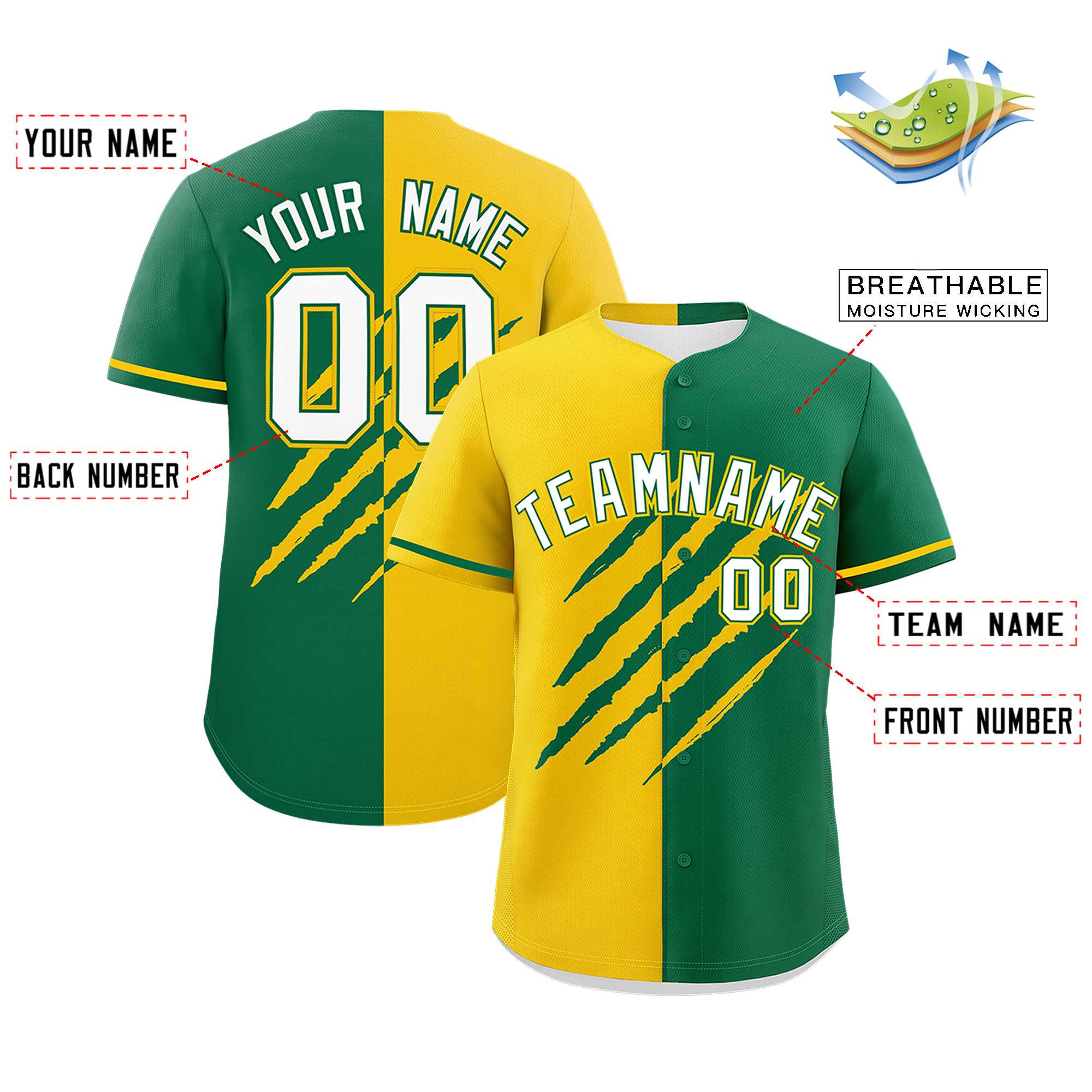 Custom Gold Kelly Green Split Tiger Claw Scratch Pattern Baseball Jersey