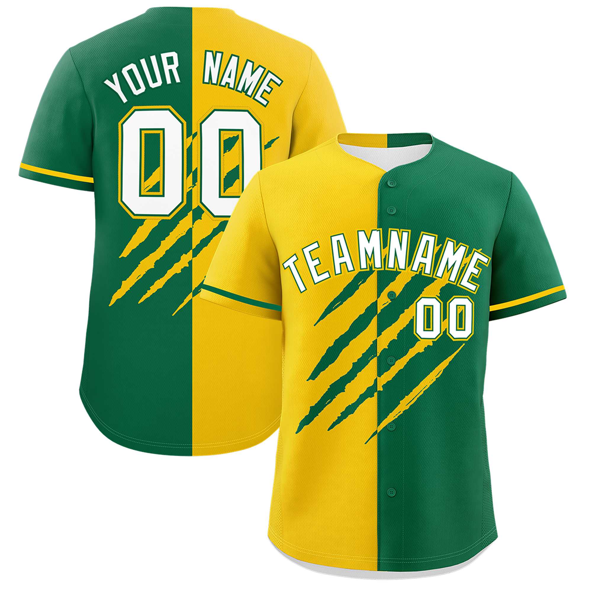 Custom Gold Kelly Green Split Tiger Claw Scratch Pattern Baseball Jersey