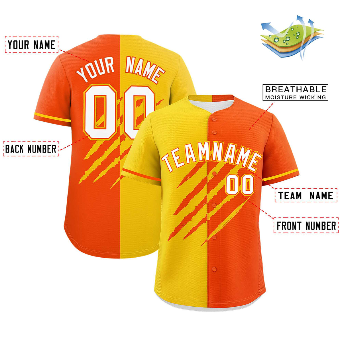 Custom Gold Orange Split Tiger Claw Scratch Pattern Baseball Jersey