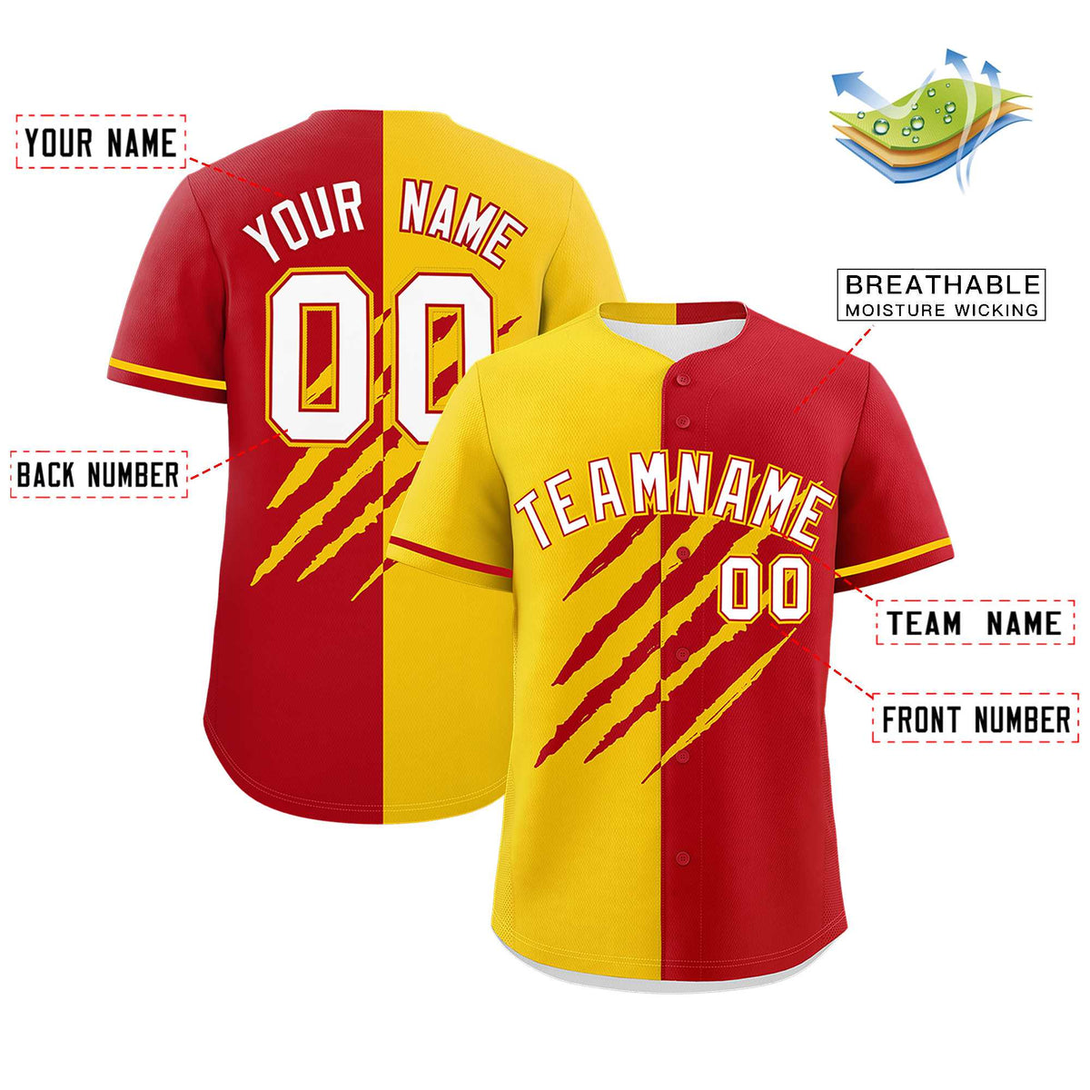 Custom Gold Red Split Tiger Claw Scratch Pattern Baseball Jersey