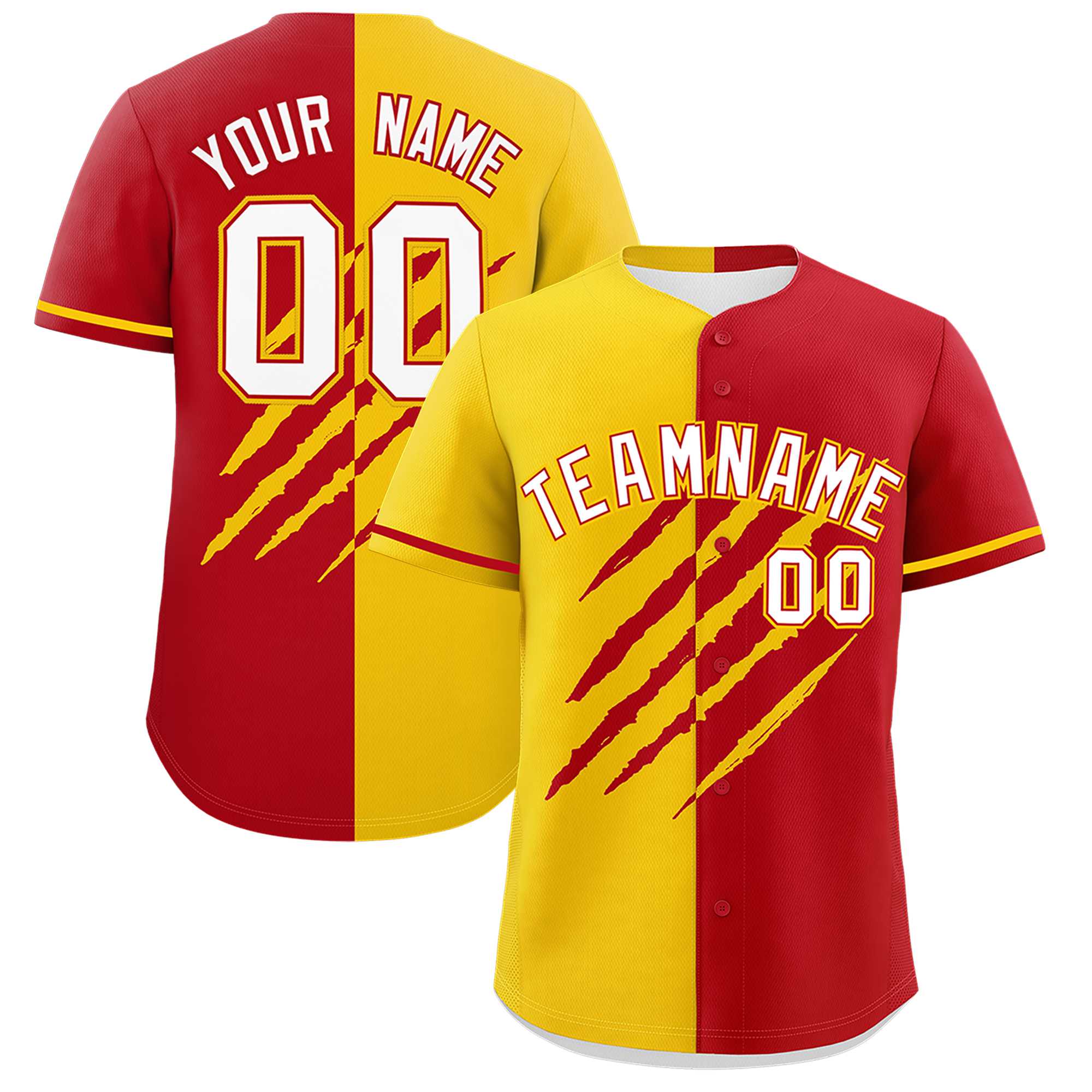 Custom Gold Red Split Tiger Claw Scratch Pattern Baseball Jersey