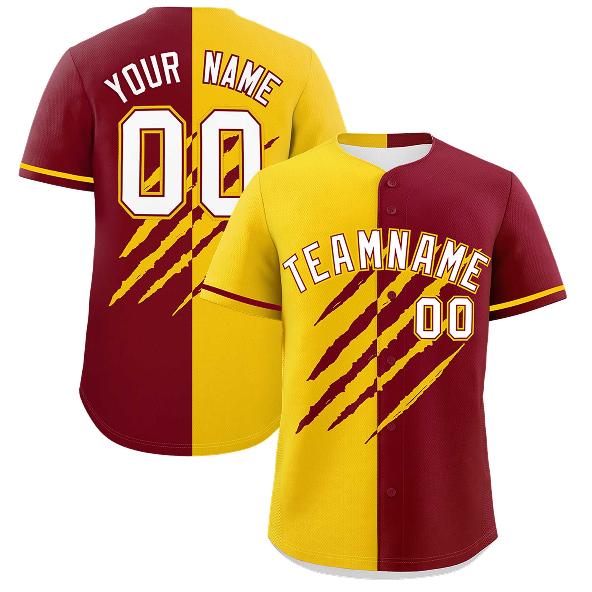 Custom Gold Crimson Split Tiger Claw Scratch Pattern Baseball Jersey