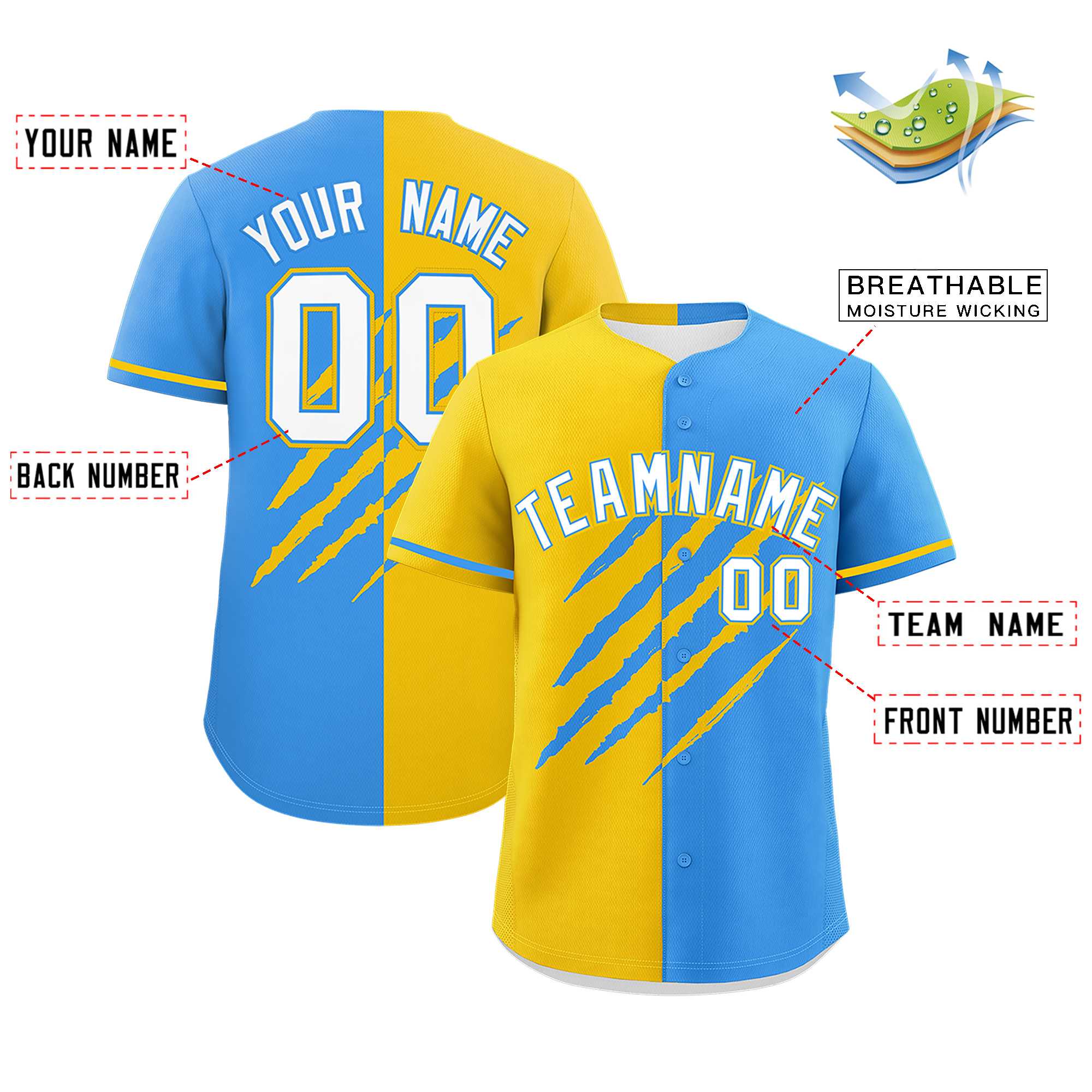 Custom Gold Powder Blue Split Tiger Claw Scratch Pattern Baseball Jersey