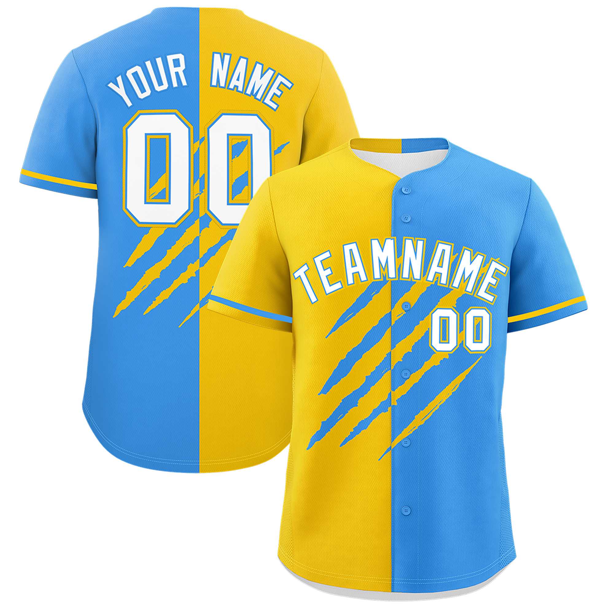 Custom Gold Powder Blue Split Tiger Claw Scratch Pattern Baseball Jersey