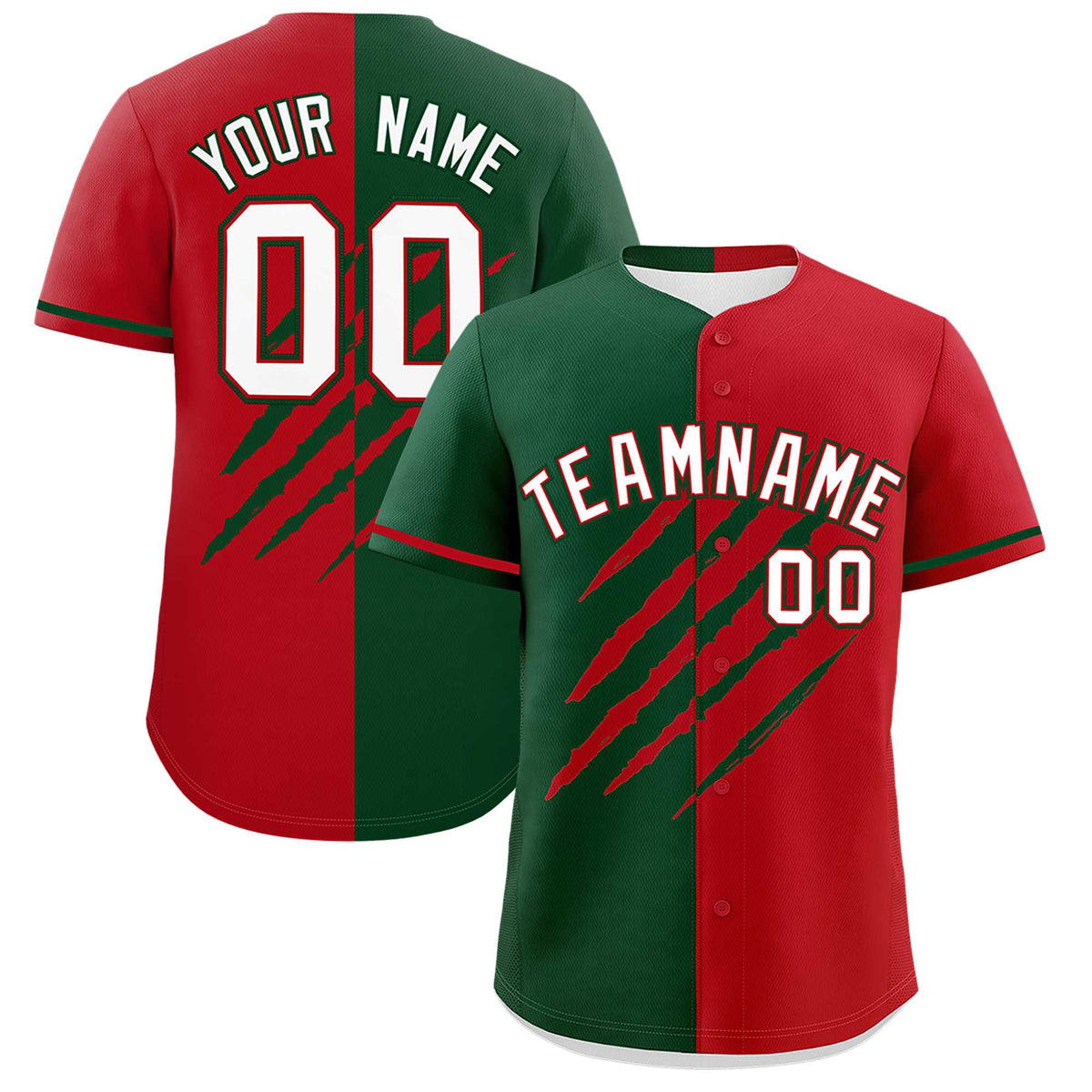 Custom Green Red Split Tiger Claw Scratch Pattern Baseball Jersey