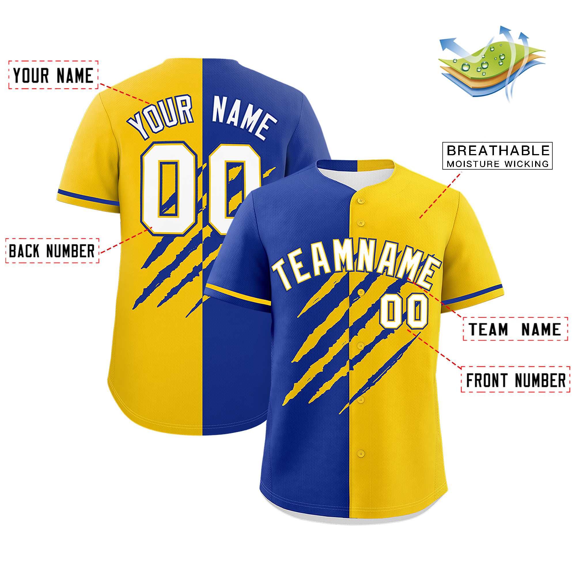 Custom Royal Blue Gold Split Tiger Claw Scratch Pattern Baseball Jersey