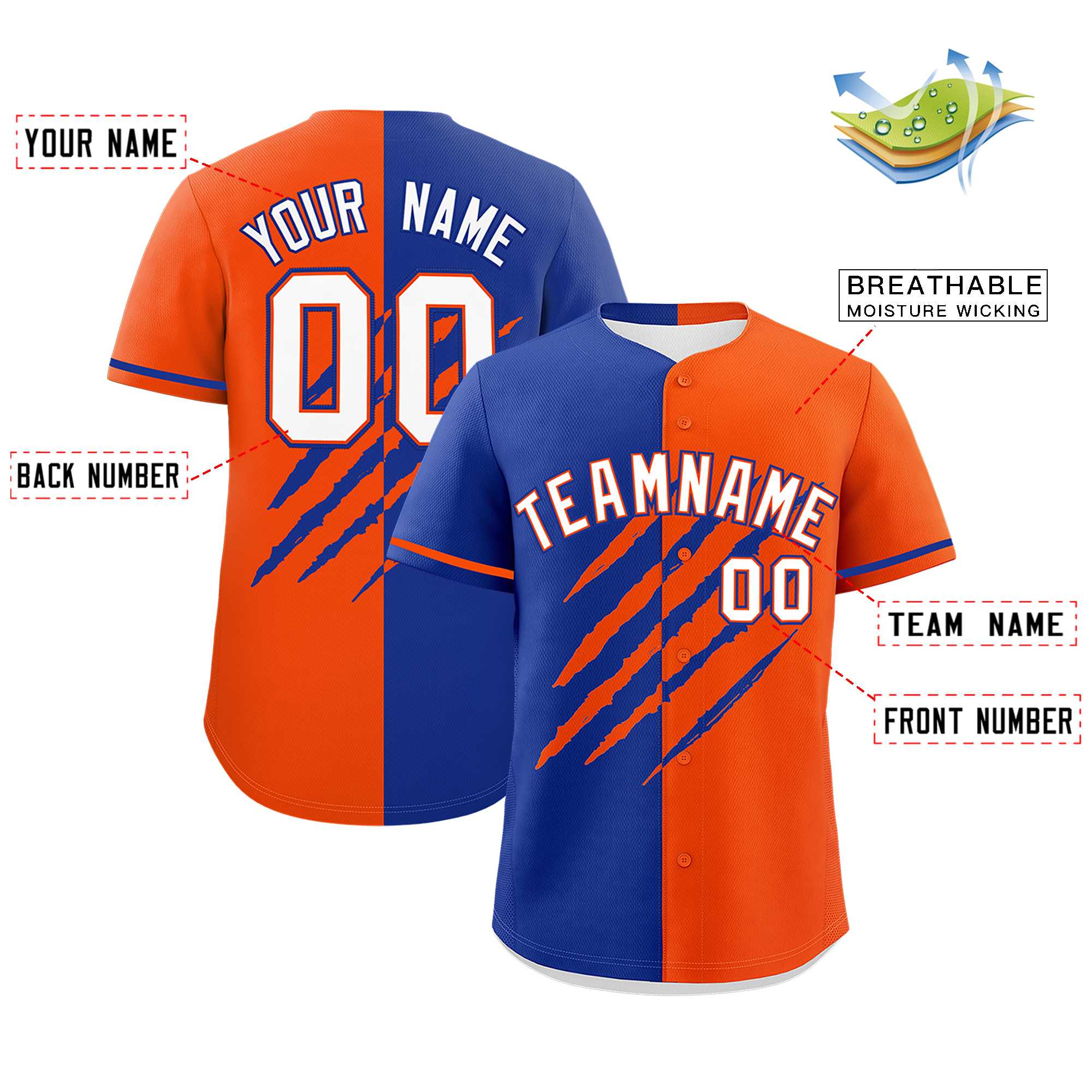 Custom Royal Blue Orange Split Tiger Claw Scratch Pattern Baseball Jersey