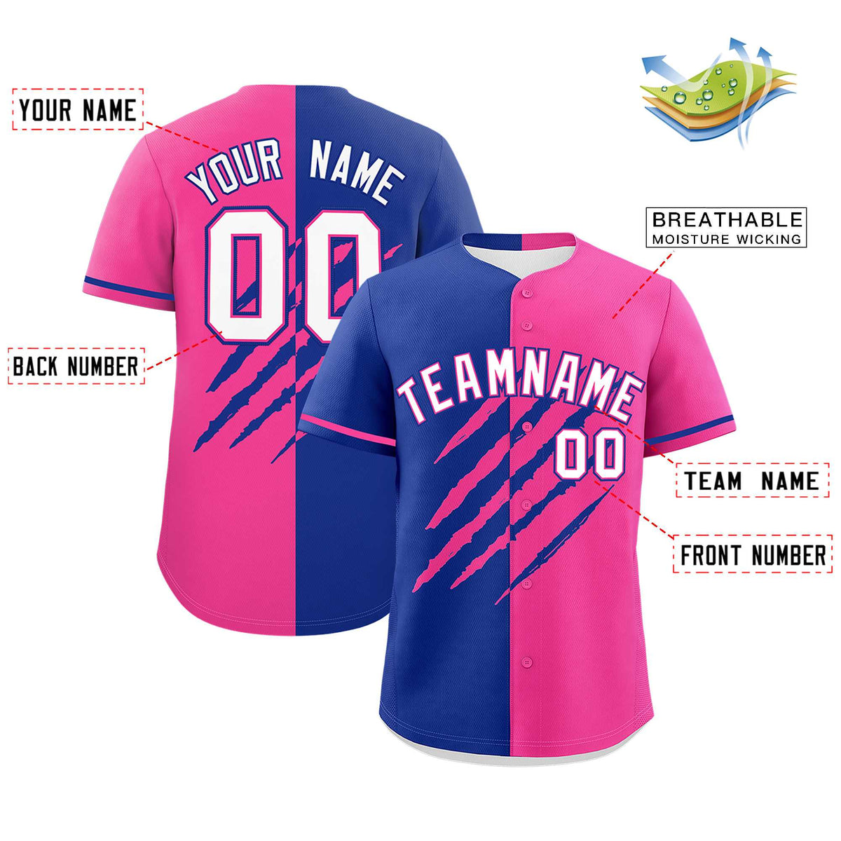 Custom Royal Blue Pink Split Tiger Claw Scratch Pattern Baseball Jersey