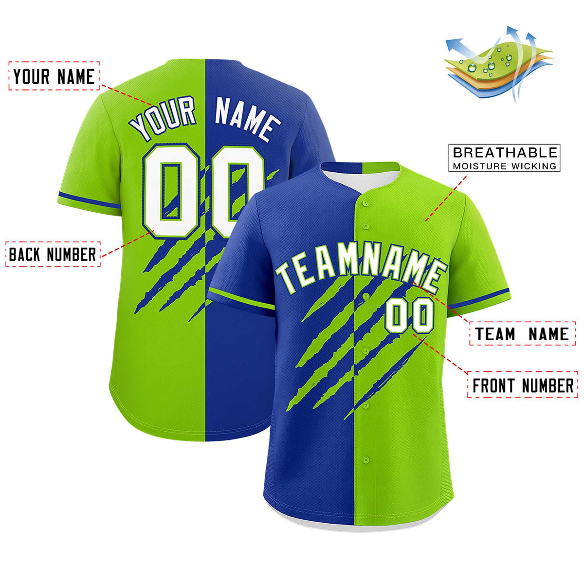 Custom Royal Blue Neon Green Split Tiger Claw Scratch Pattern Baseball Jersey