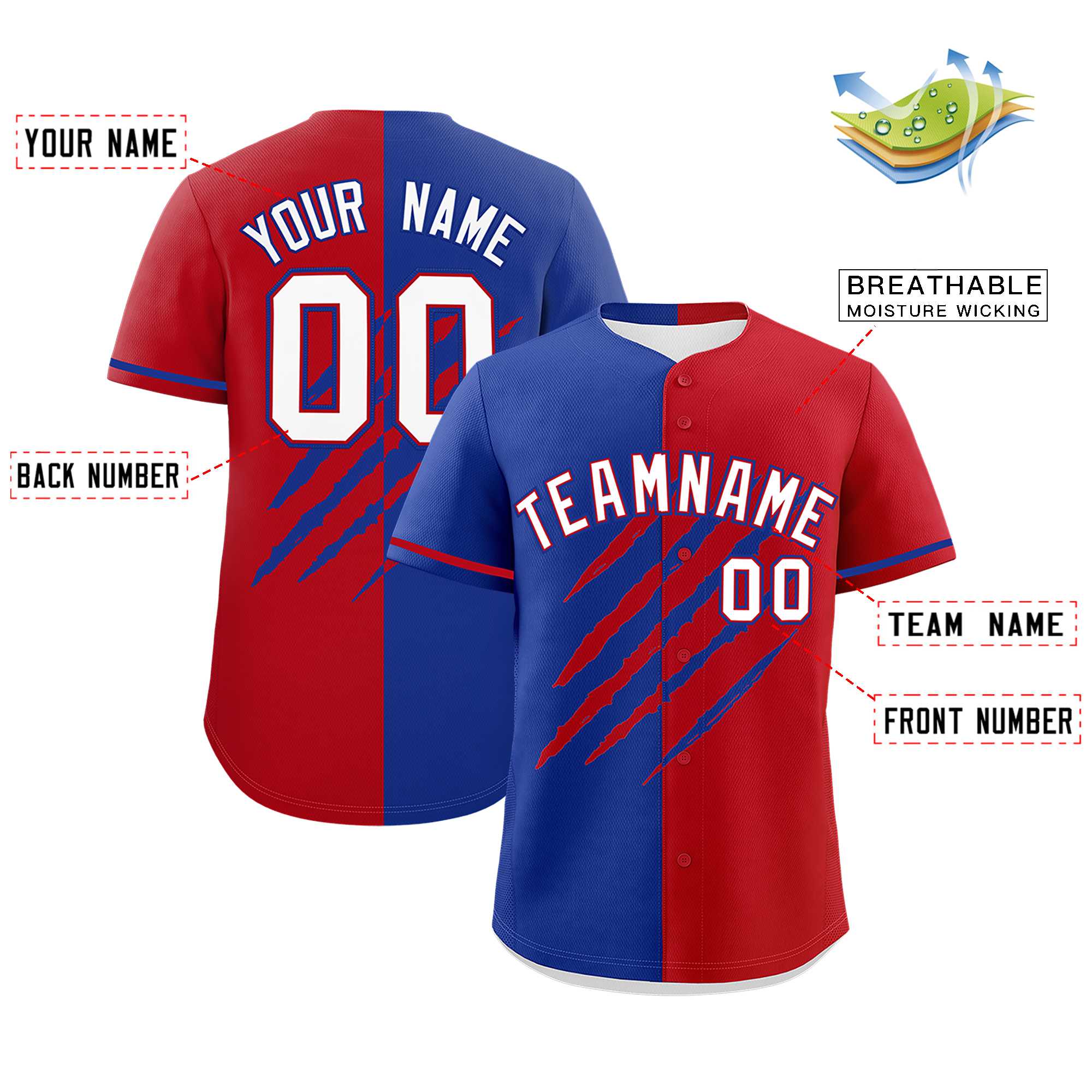Custom Royal Blue Red Split Tiger Claw Scratch Pattern Baseball Jersey
