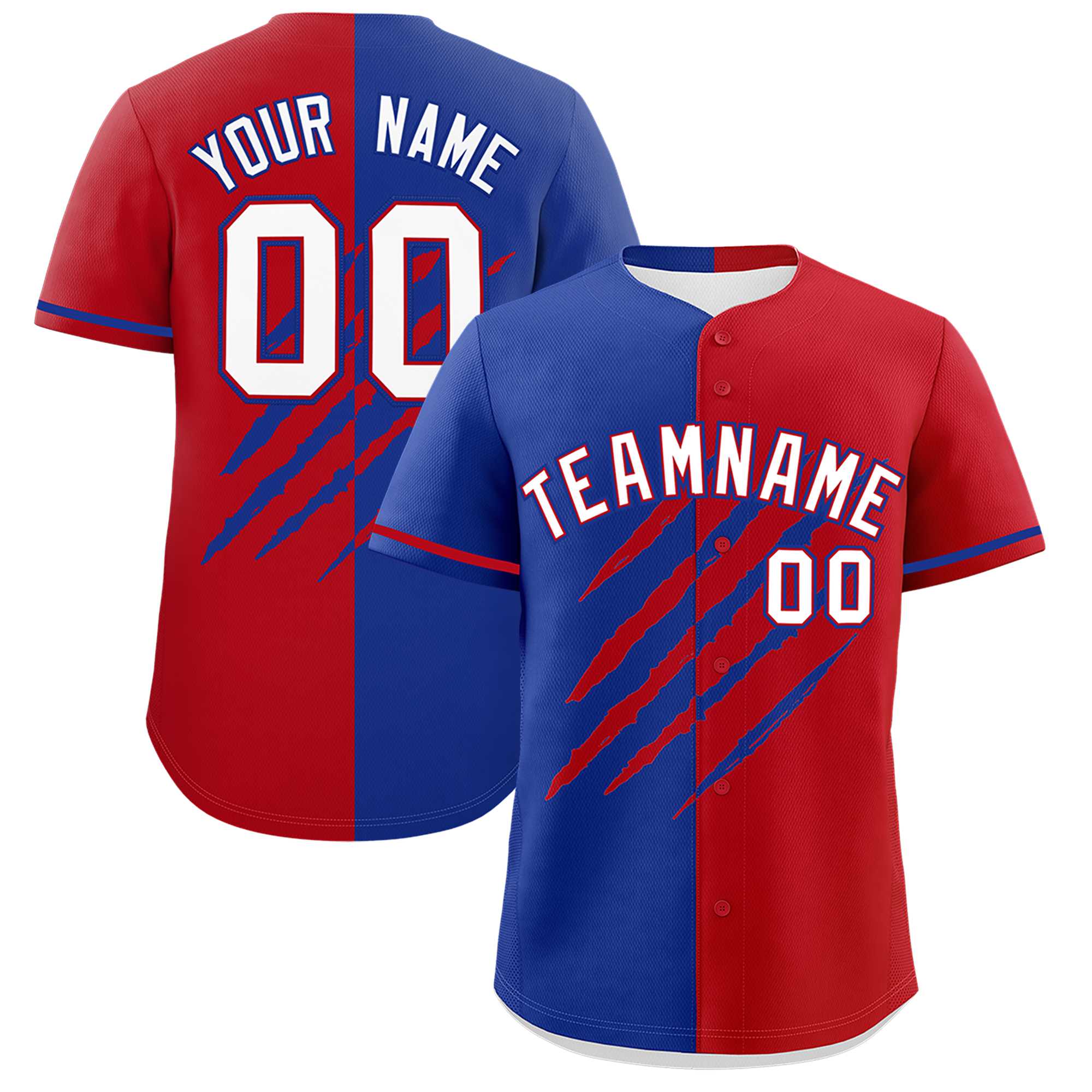 Custom Royal Blue Red Split Tiger Claw Scratch Pattern Baseball Jersey