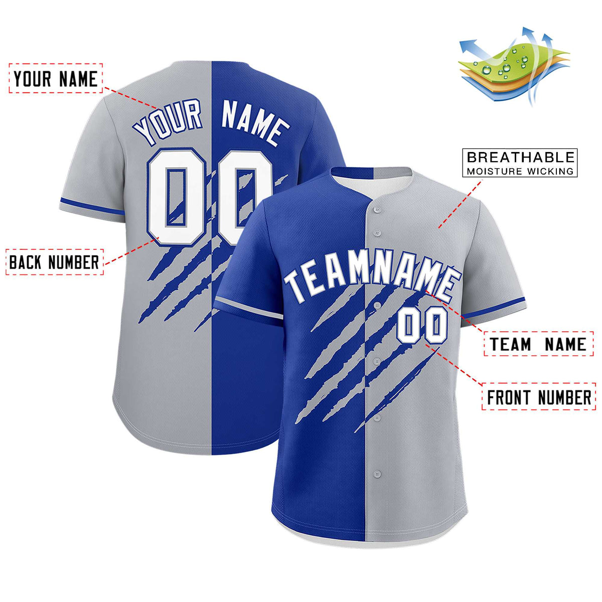 Custom Royal Blue Gray Split Tiger Claw Scratch Pattern Baseball Jersey