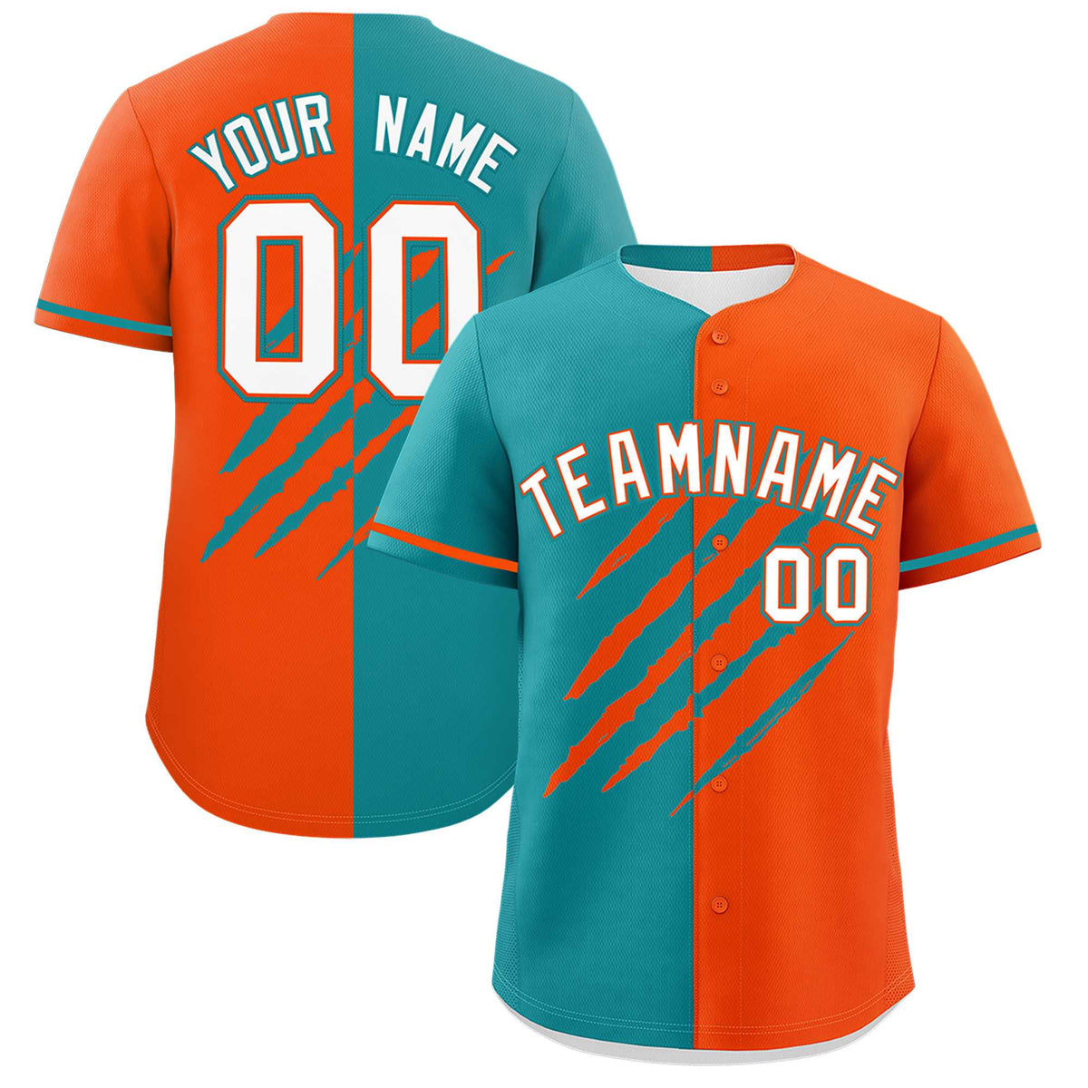 Custom Aqua Orange Split Tiger Claw Scratch Pattern Baseball Jersey