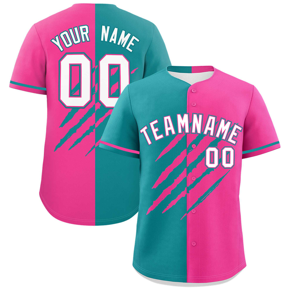 Custom Aqua Pink Split Tiger Claw Scratch Pattern Baseball Jersey