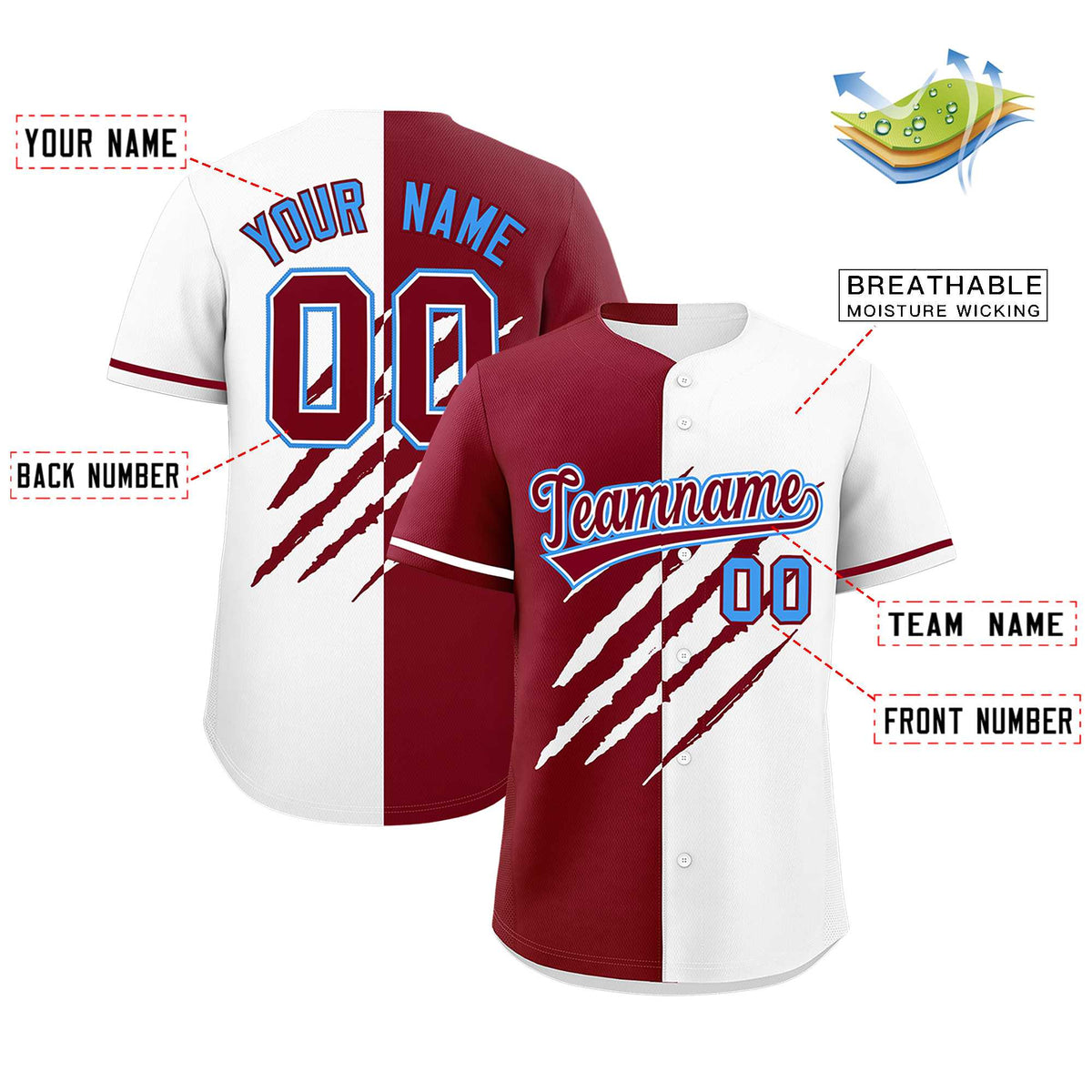 Custom Crimson White Split Tiger Claw Scratch Pattern Baseball Jersey