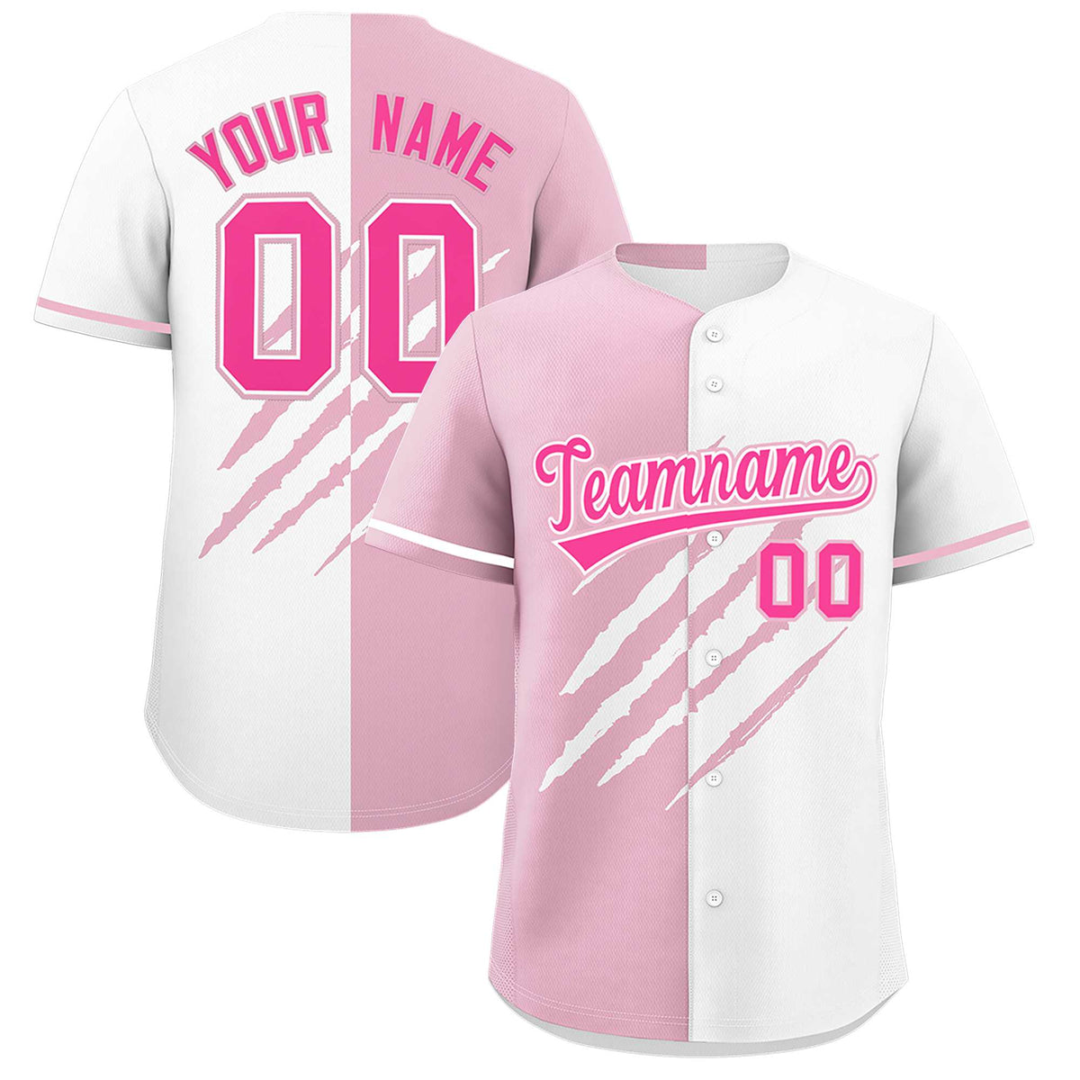Custom Light Pink White Split Tiger Claw Scratch Pattern Baseball Jersey
