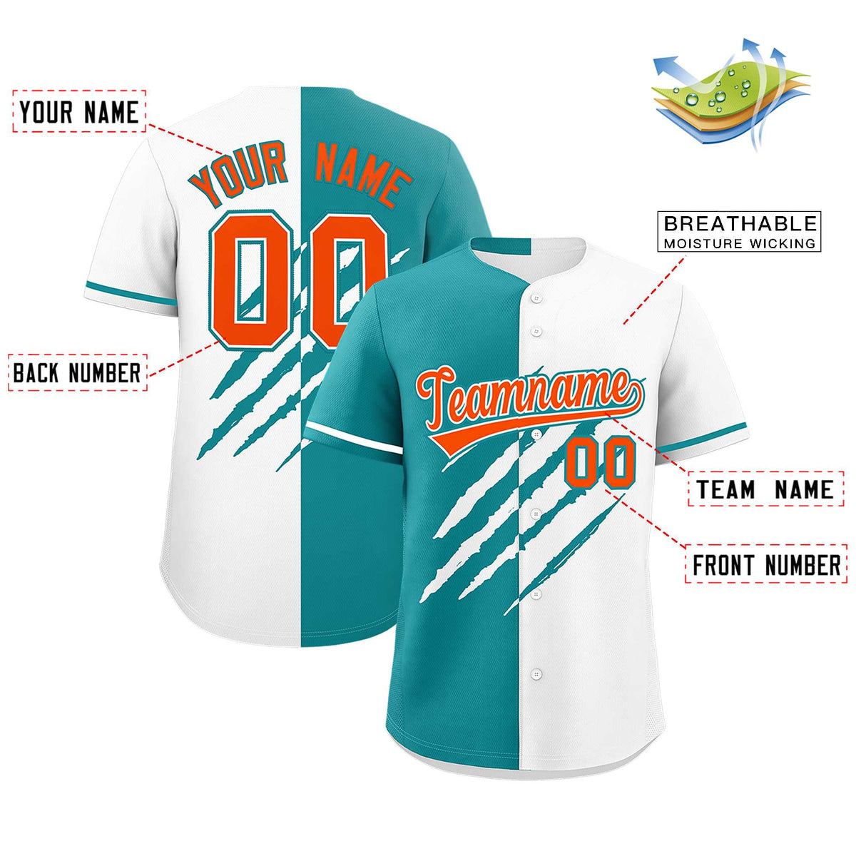 Custom Aqua White Split Tiger Claw Scratch Pattern Baseball Jersey