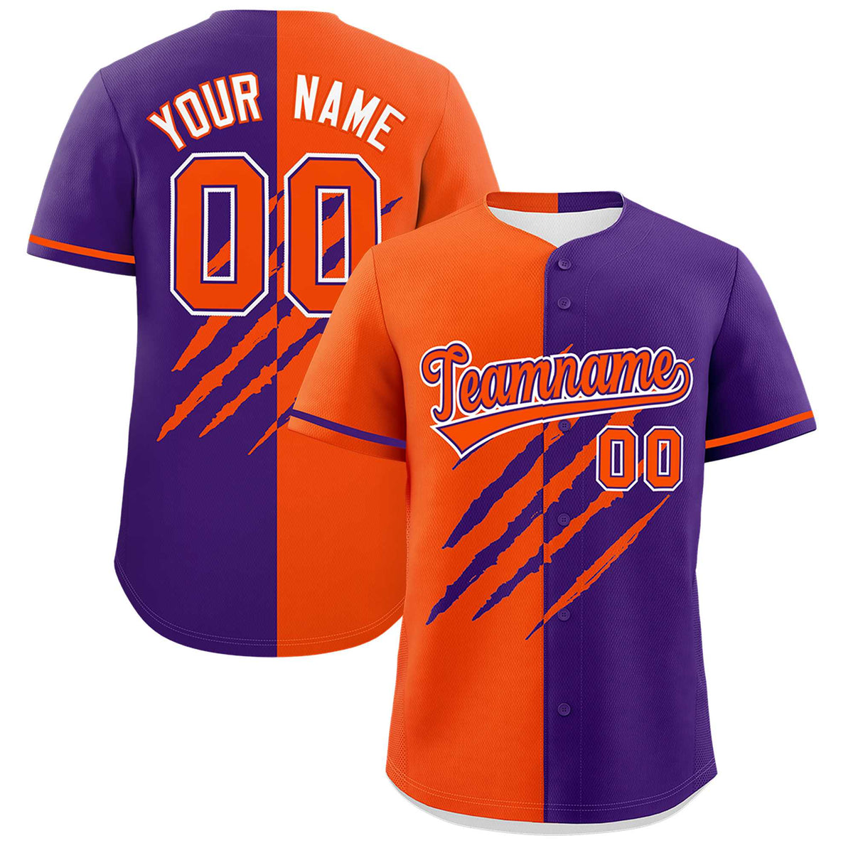 Custom Orange Purple Split Tiger Claw Scratch Pattern Baseball Jersey