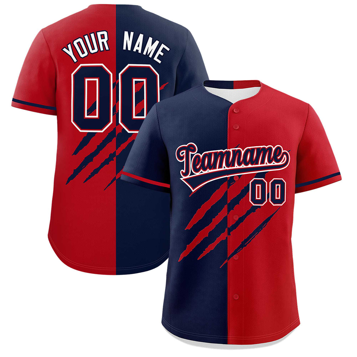 Custom Navy Red Split Tiger Claw Scratch Pattern Baseball Jersey