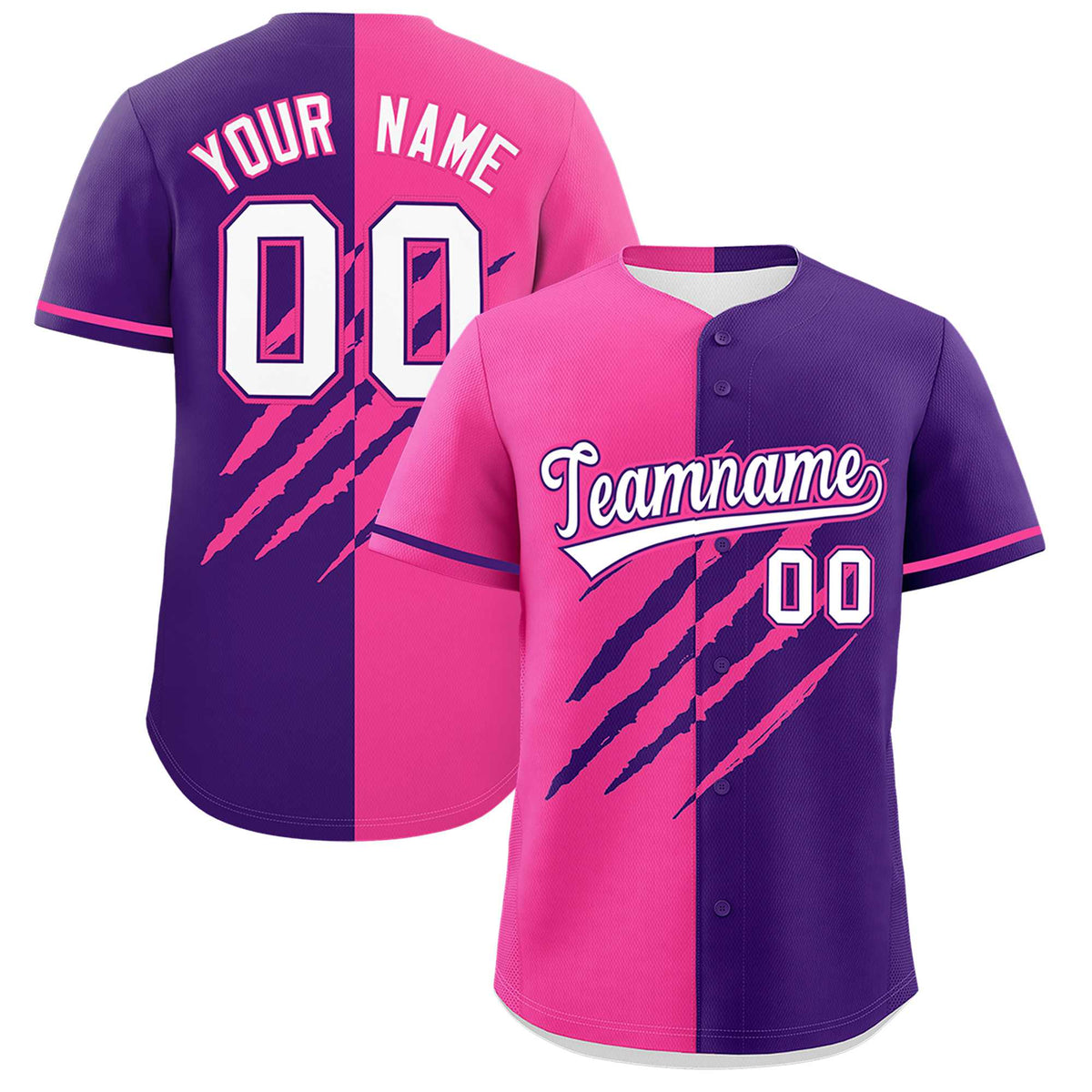 Custom Pink Purple Split Tiger Claw Scratch Pattern Baseball Jersey