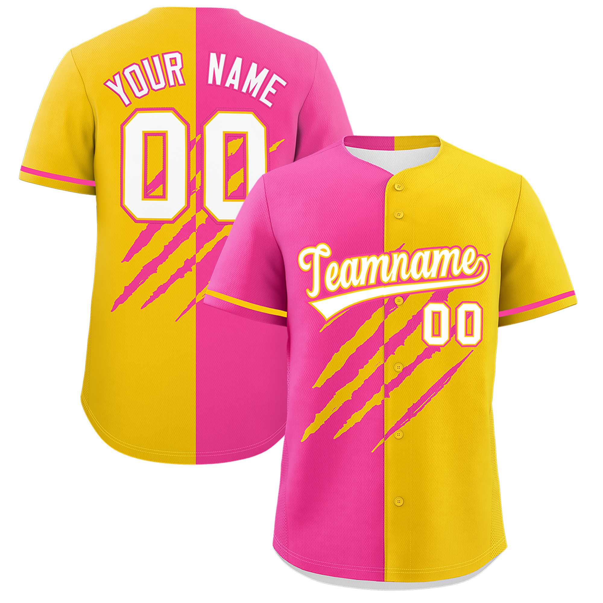 Custom Pink Gold Split Tiger Claw Scratch Pattern Baseball Jersey