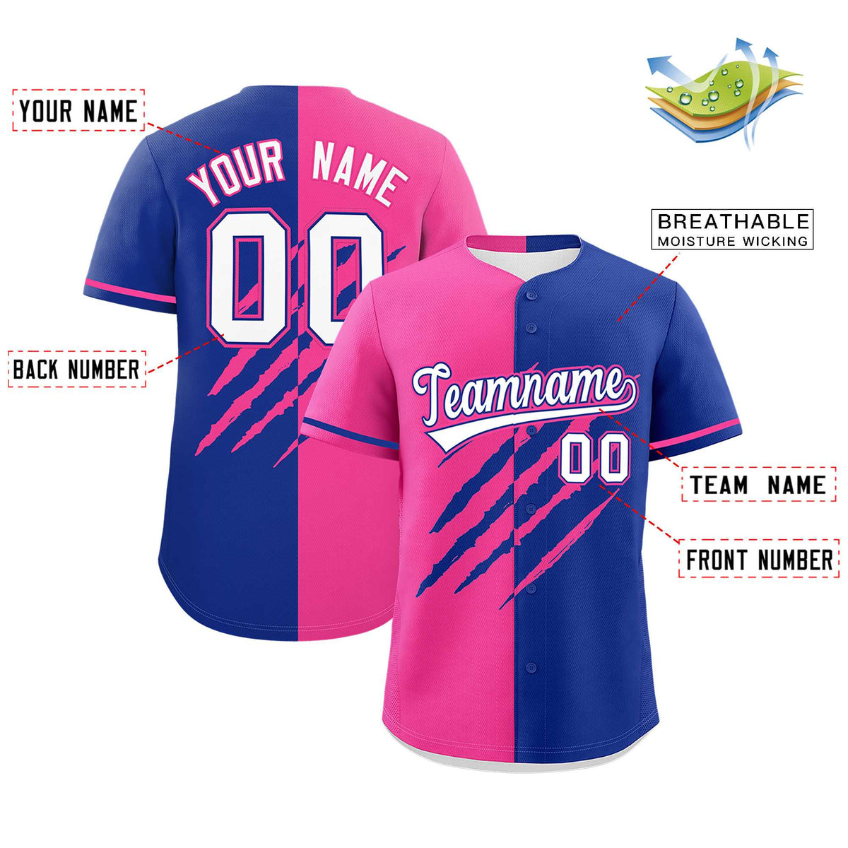 Custom Pink Royal Blue Split Tiger Claw Scratch Pattern Baseball Jersey