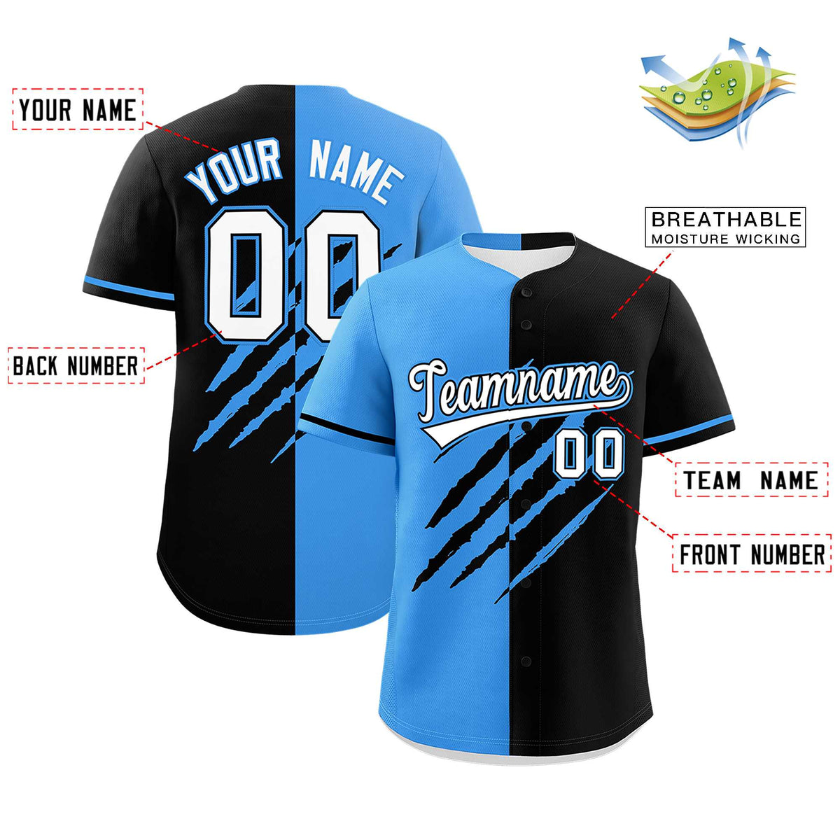 Custom Powder Blue Black Split Tiger Claw Scratch Pattern Baseball Jersey