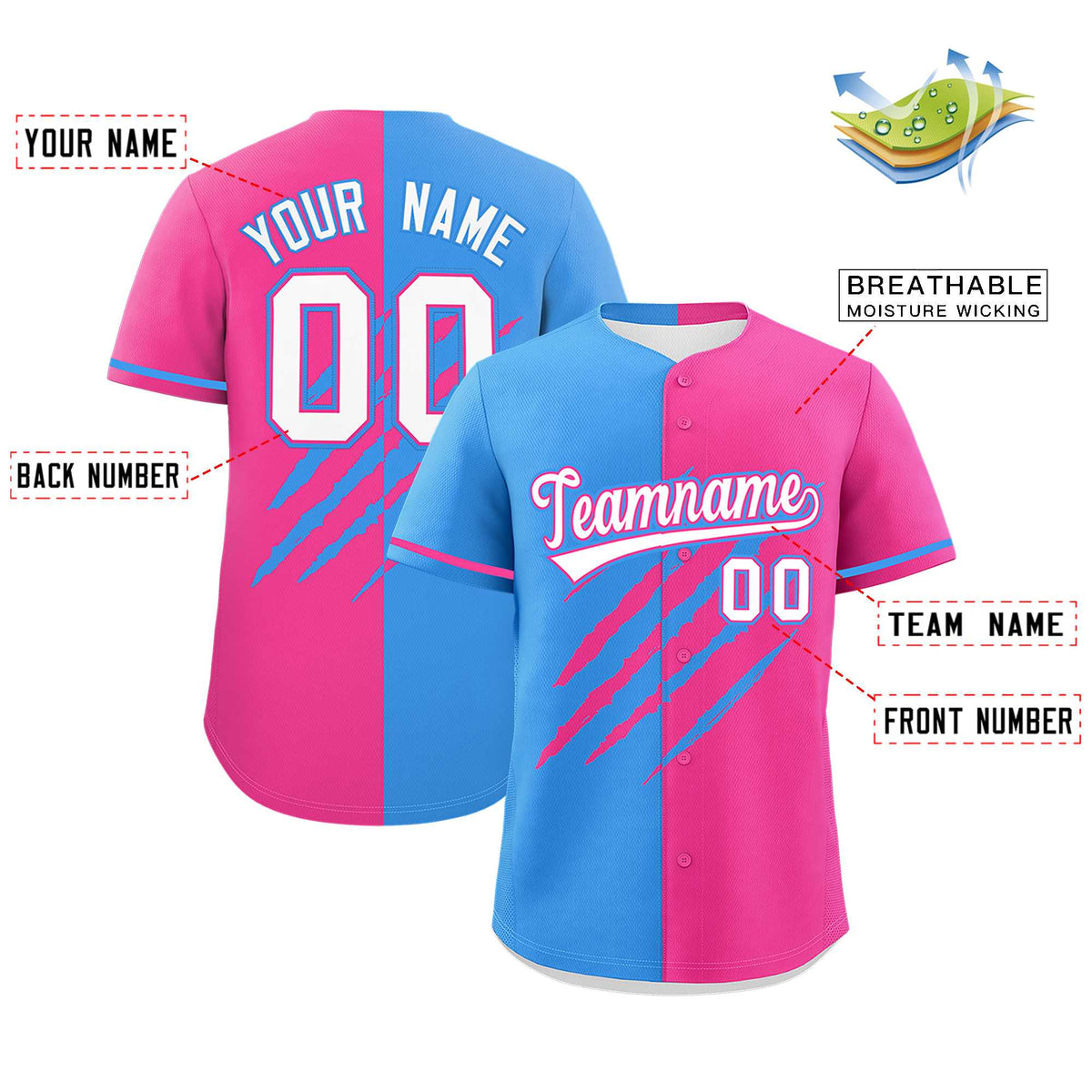 Custom Powder Blue Pink Split Tiger Claw Scratch Pattern Baseball Jersey