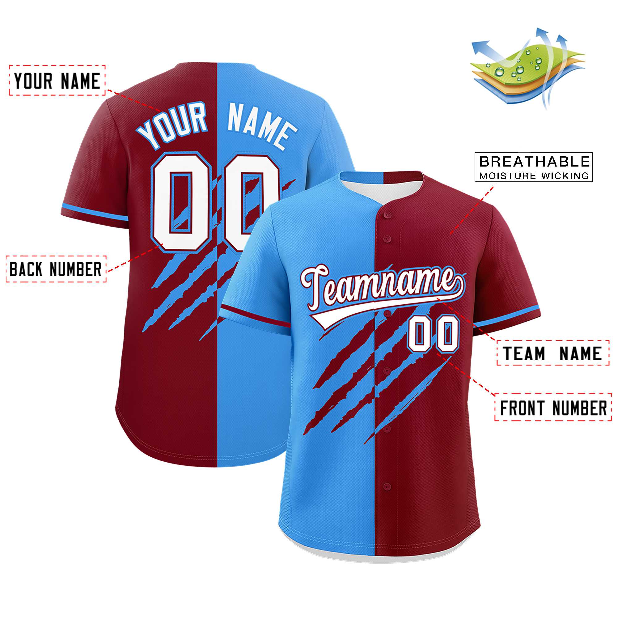 Custom Powder Blue Crimson Split Tiger Claw Scratch Pattern Baseball Jersey