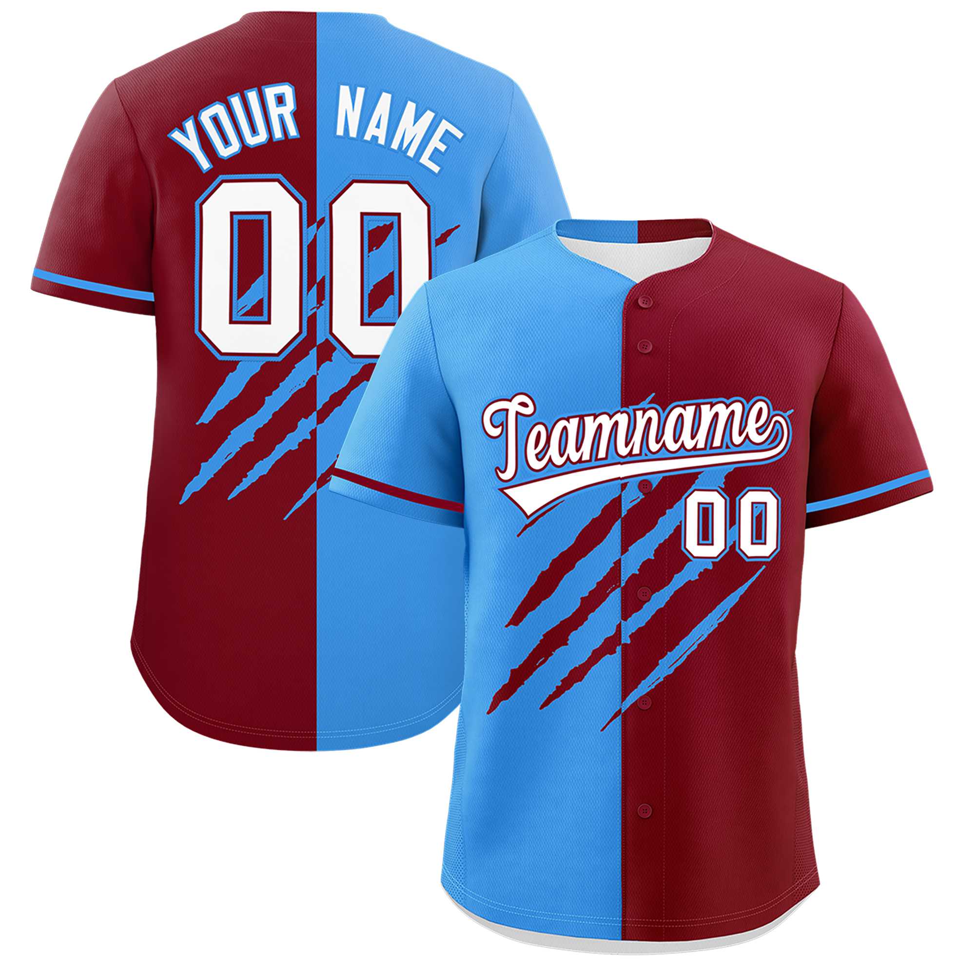Custom Powder Blue Crimson Split Tiger Claw Scratch Pattern Baseball Jersey