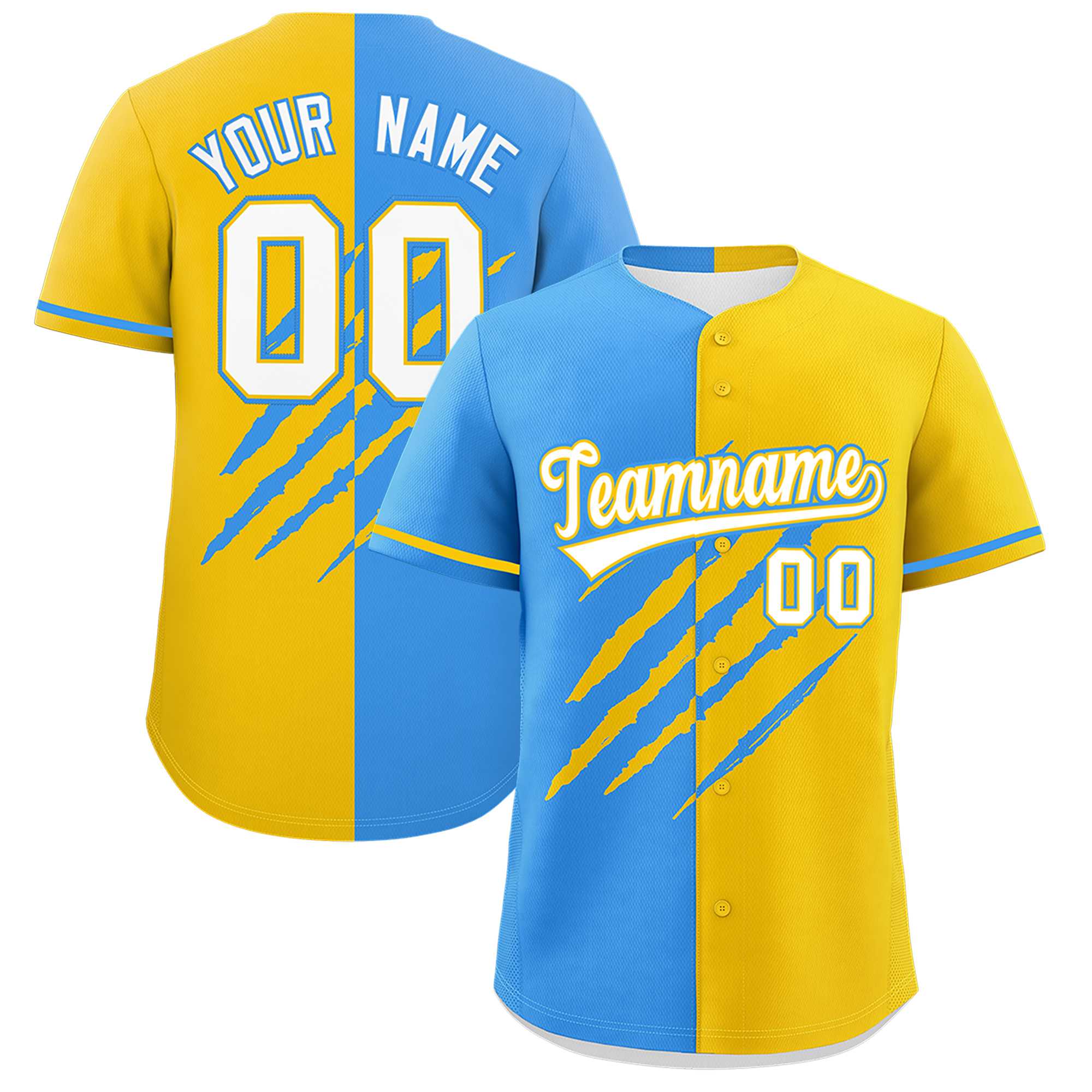 Custom Powder Blue Gold Split Tiger Claw Scratch Pattern Baseball Jersey