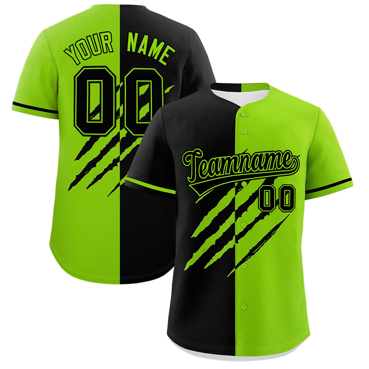 Custom Black Neon Green Split Tiger Claw Scratch Pattern Baseball Jersey