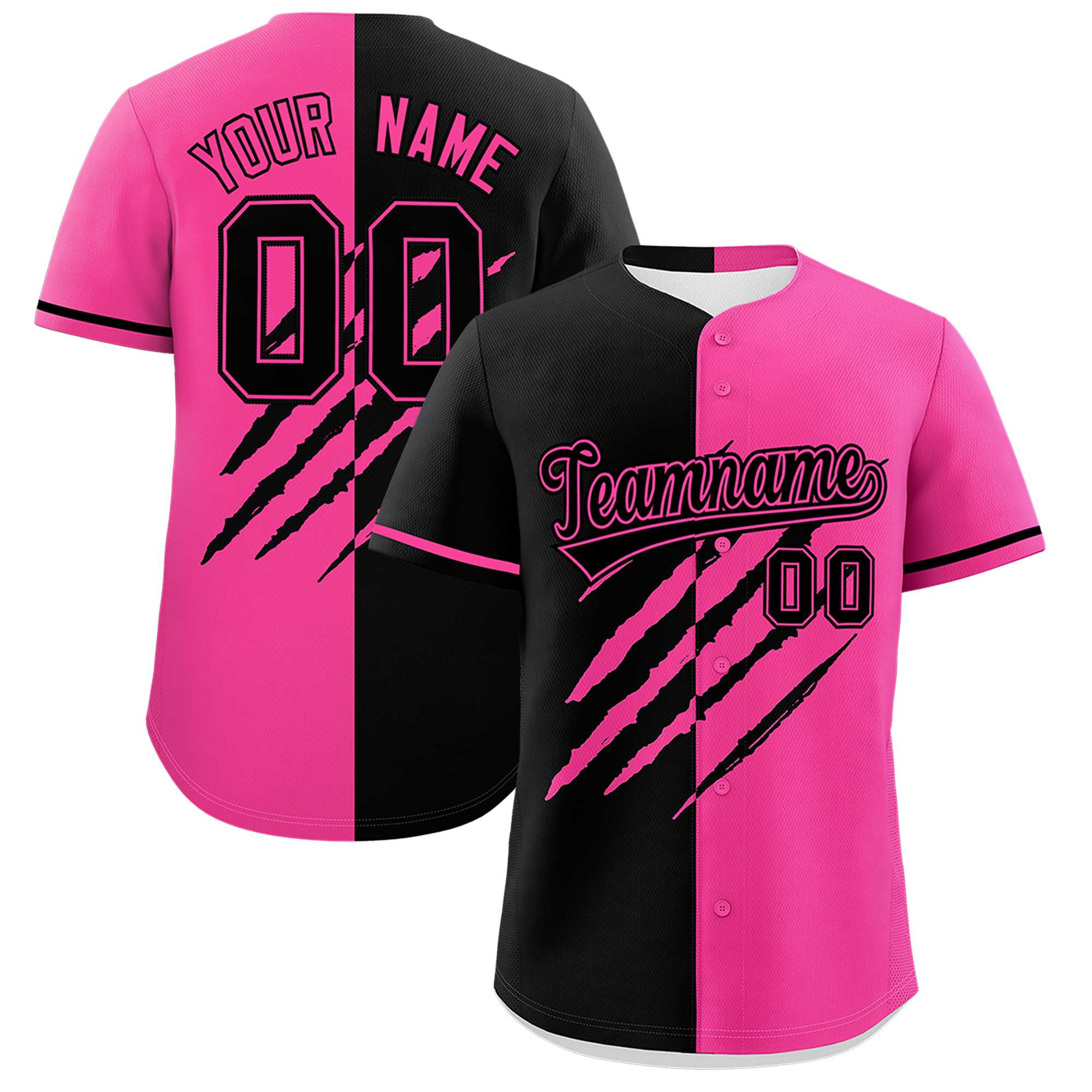 Custom Black Pink Split Tiger Claw Scratch Pattern Baseball Jersey