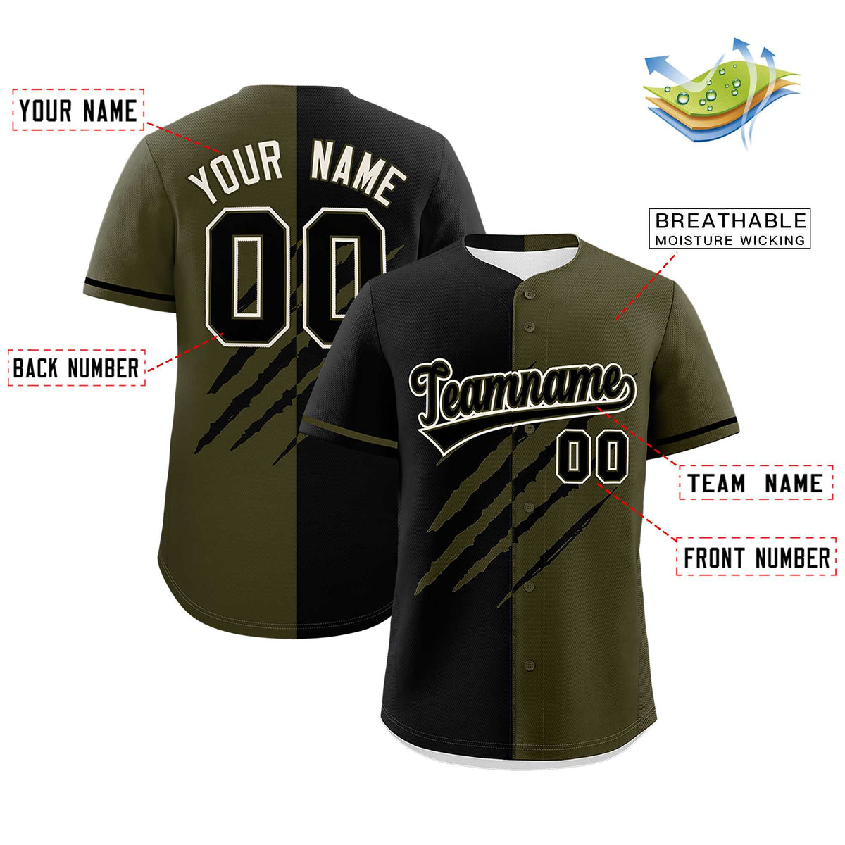 Custom Black Olive Split Tiger Claw Scratch Pattern Baseball Jersey