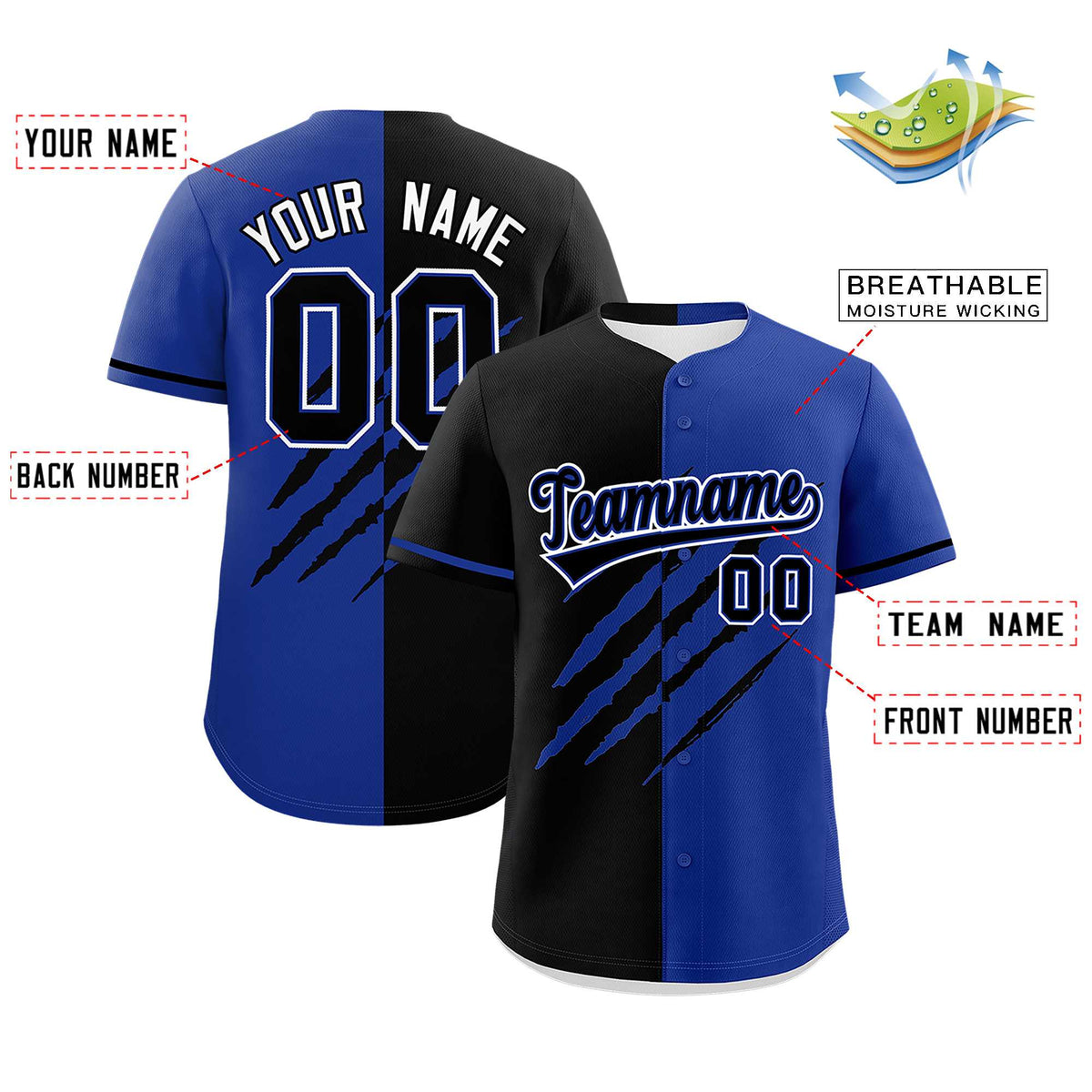 Custom Black Royal Blue Split Tiger Claw Scratch Pattern Baseball Jersey