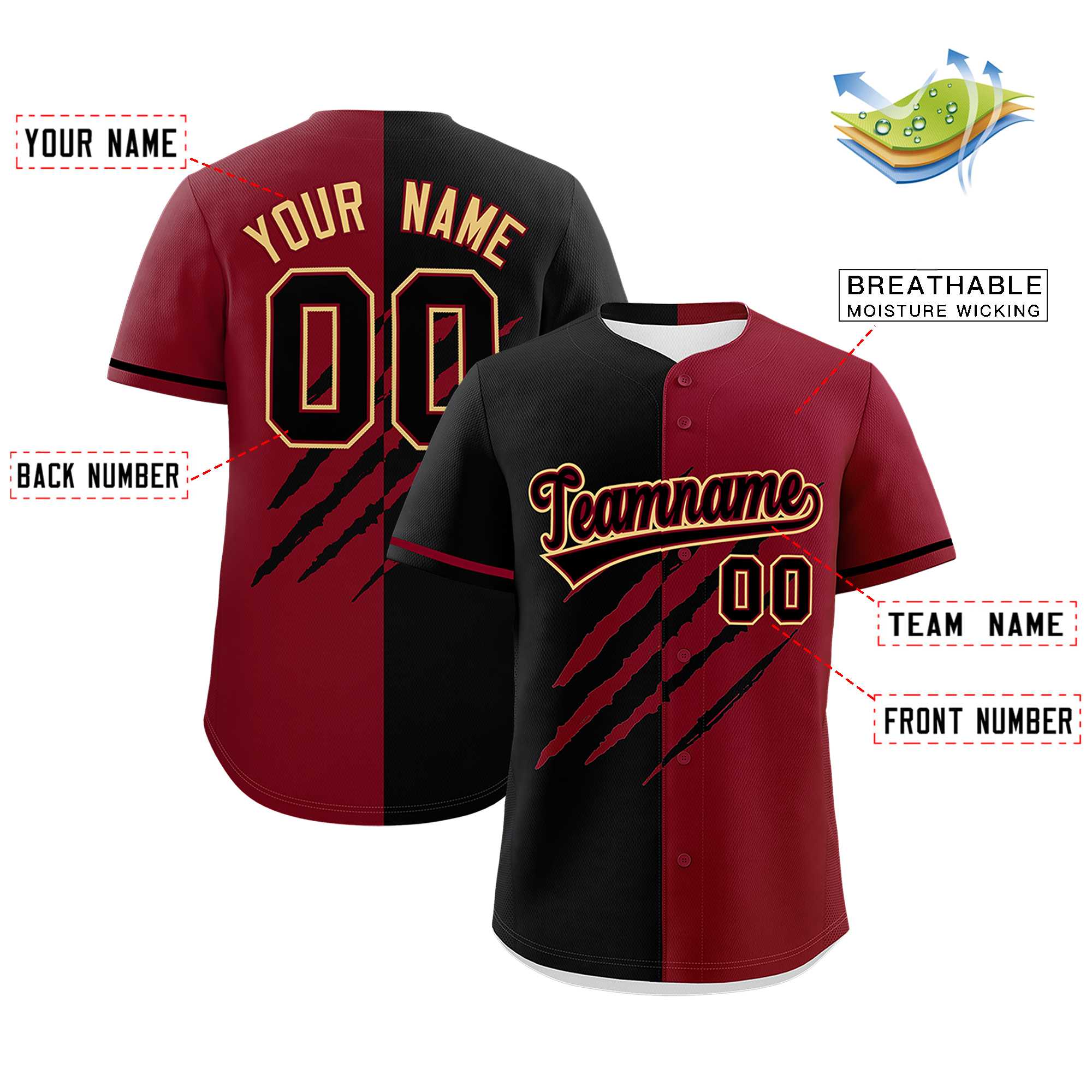 Custom Black Crimson Split Tiger Claw Scratch Pattern Baseball Jersey