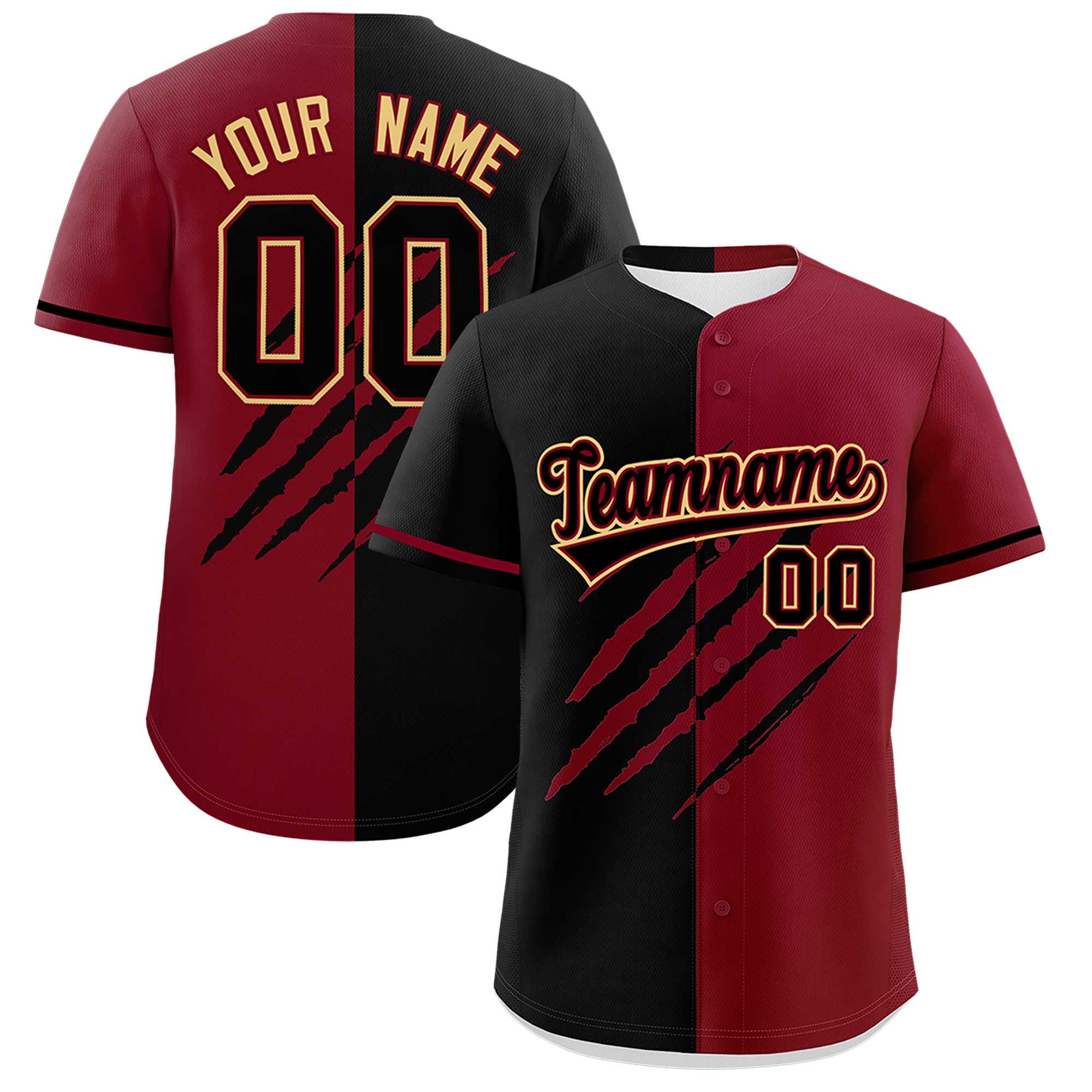 Custom Black Crimson Split Tiger Claw Scratch Pattern Baseball Jersey