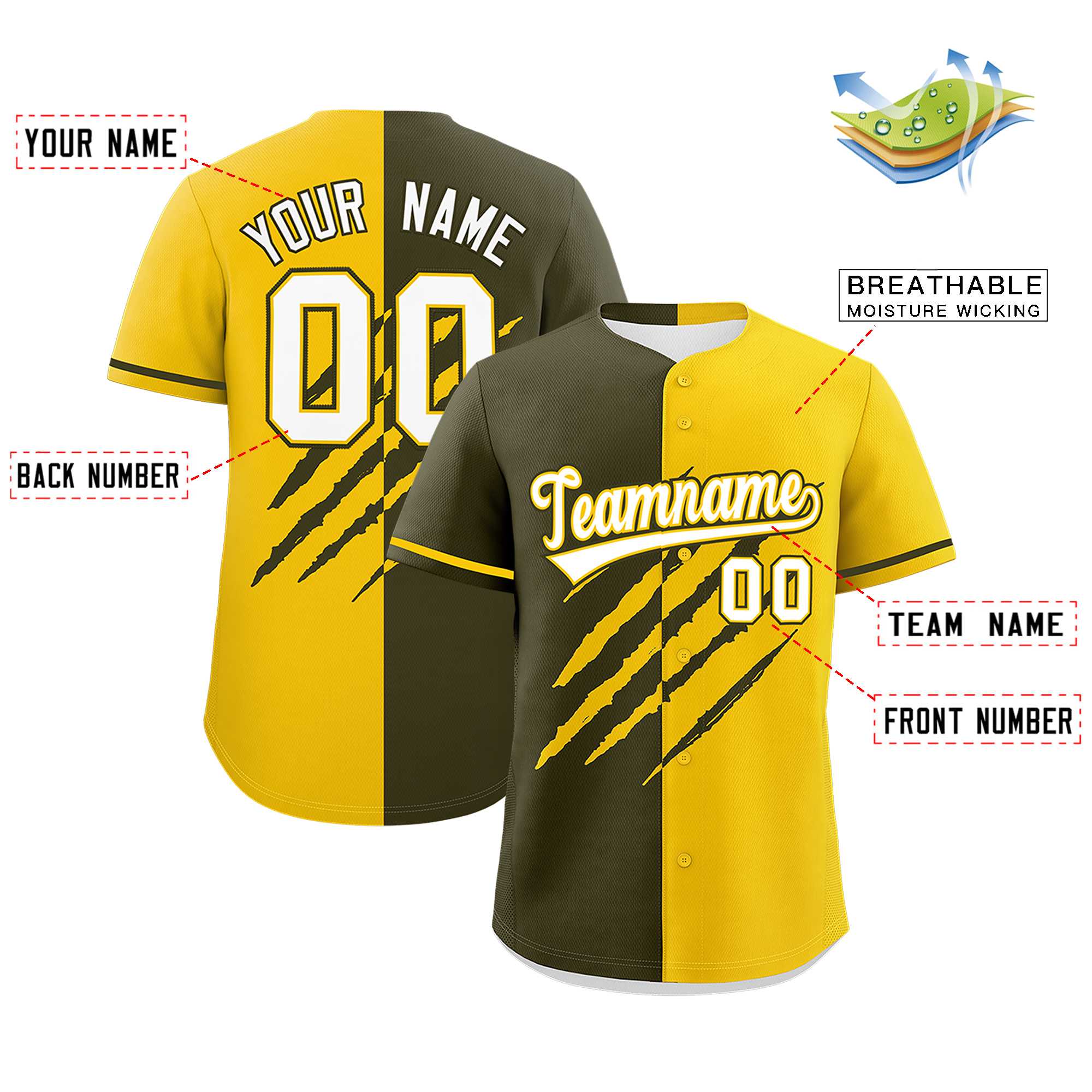 Custom Olive Gold Split Tiger Claw Scratch Pattern Baseball Jersey