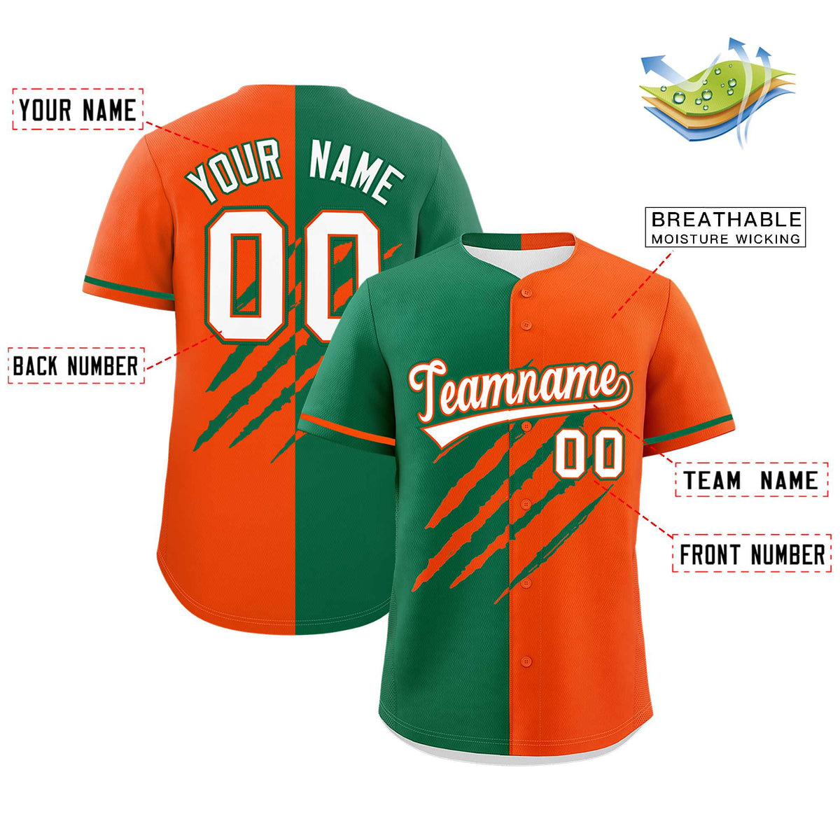 Custom Kelly Green Orange Split Tiger Claw Scratch Pattern Baseball Jersey