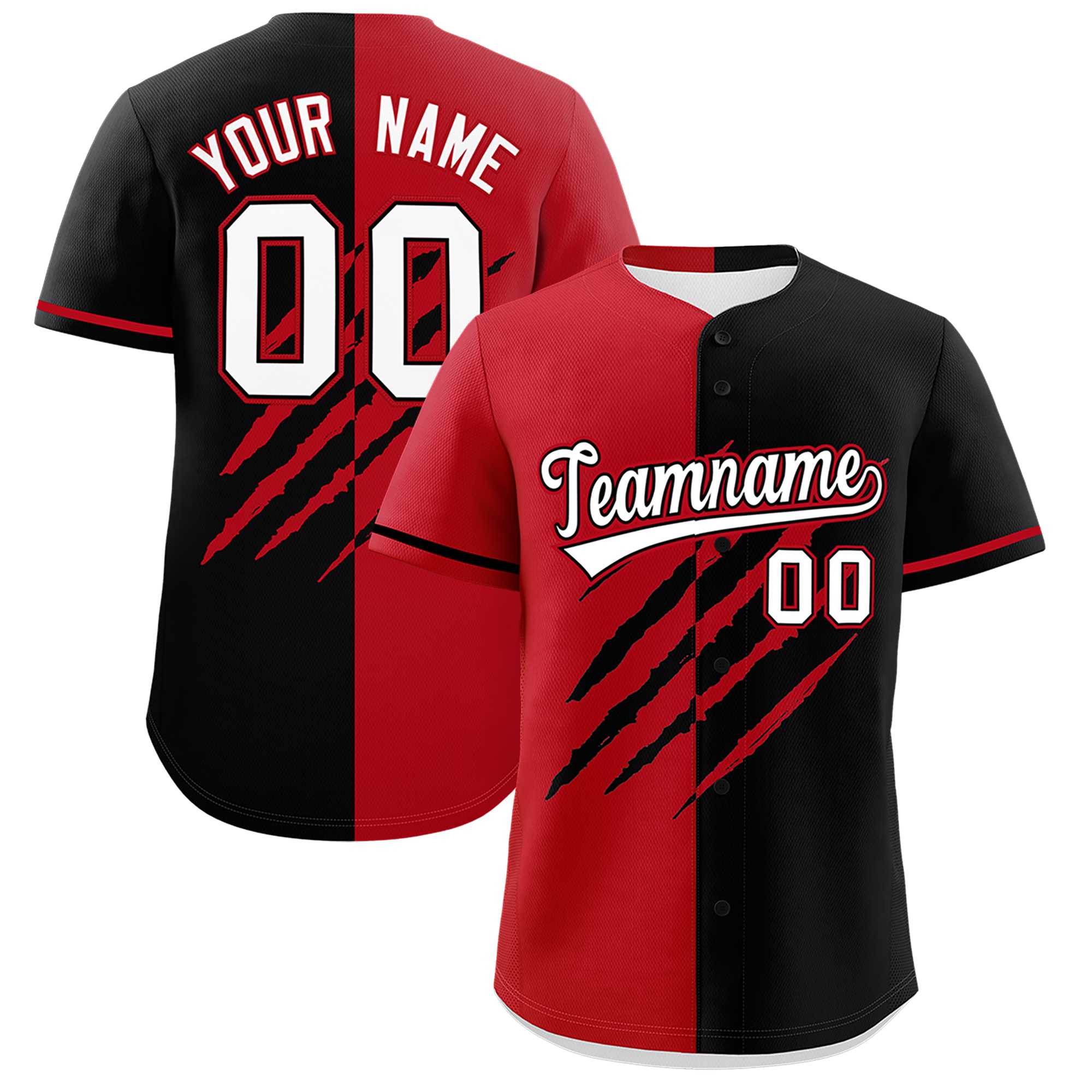 Custom Red Black Split Tiger Claw Scratch Pattern Baseball Jersey