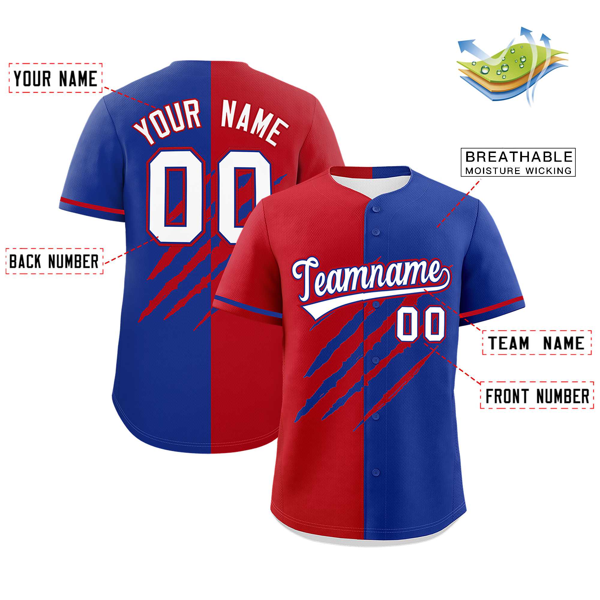 Custom Red Royal Blue Split Tiger Claw Scratch Pattern Baseball Jersey