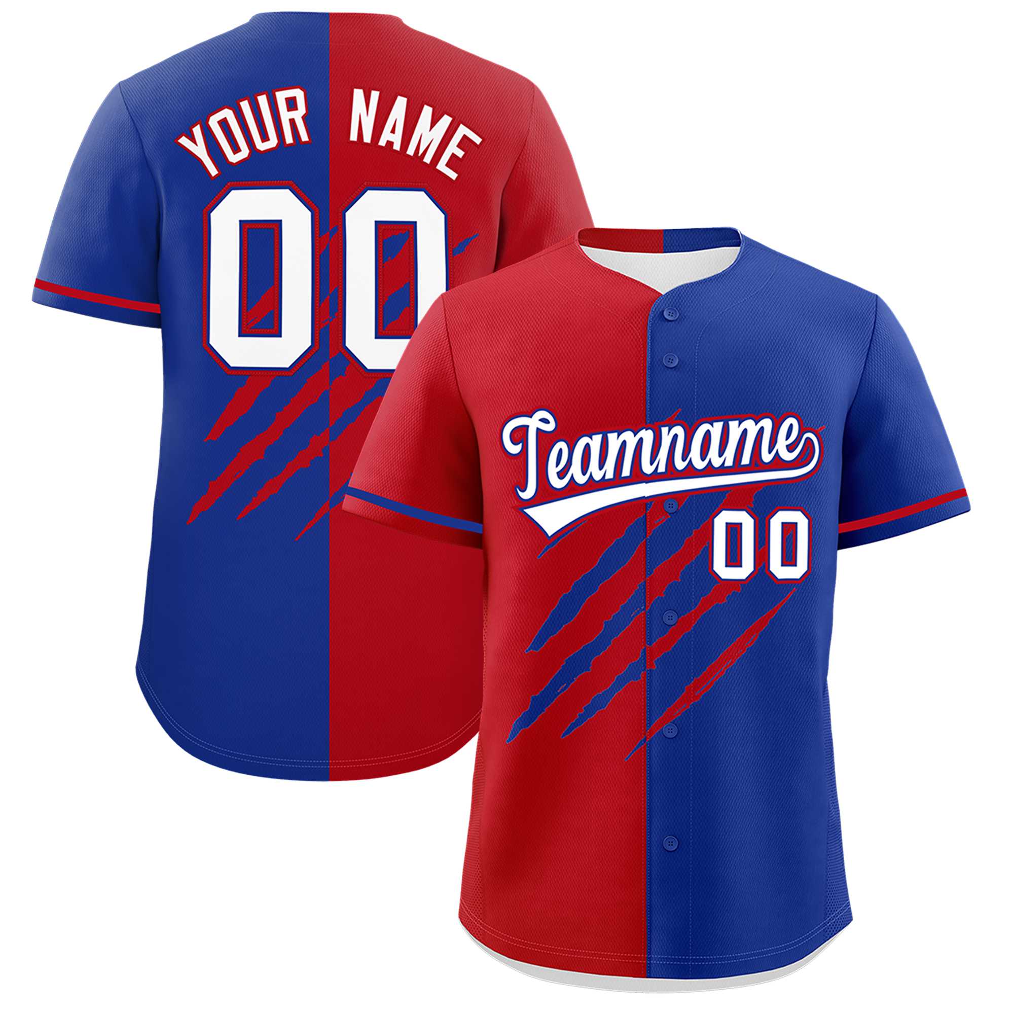Custom Red Royal Blue Split Tiger Claw Scratch Pattern Baseball Jersey