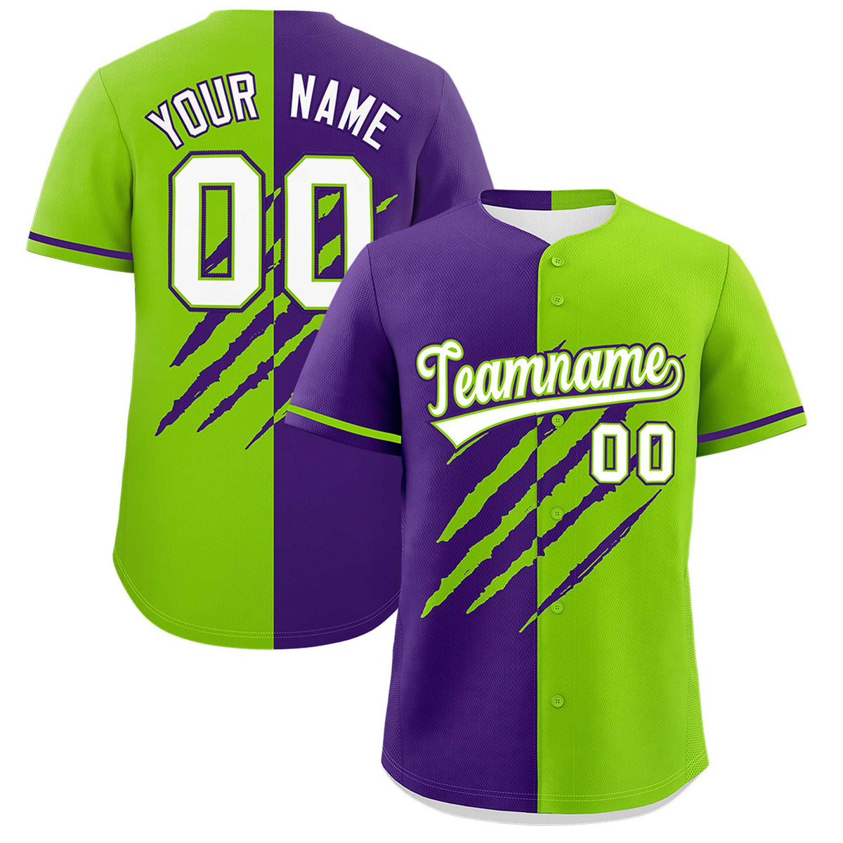 Custom Purple Neon Green Split Tiger Claw Scratch Pattern Baseball Jersey