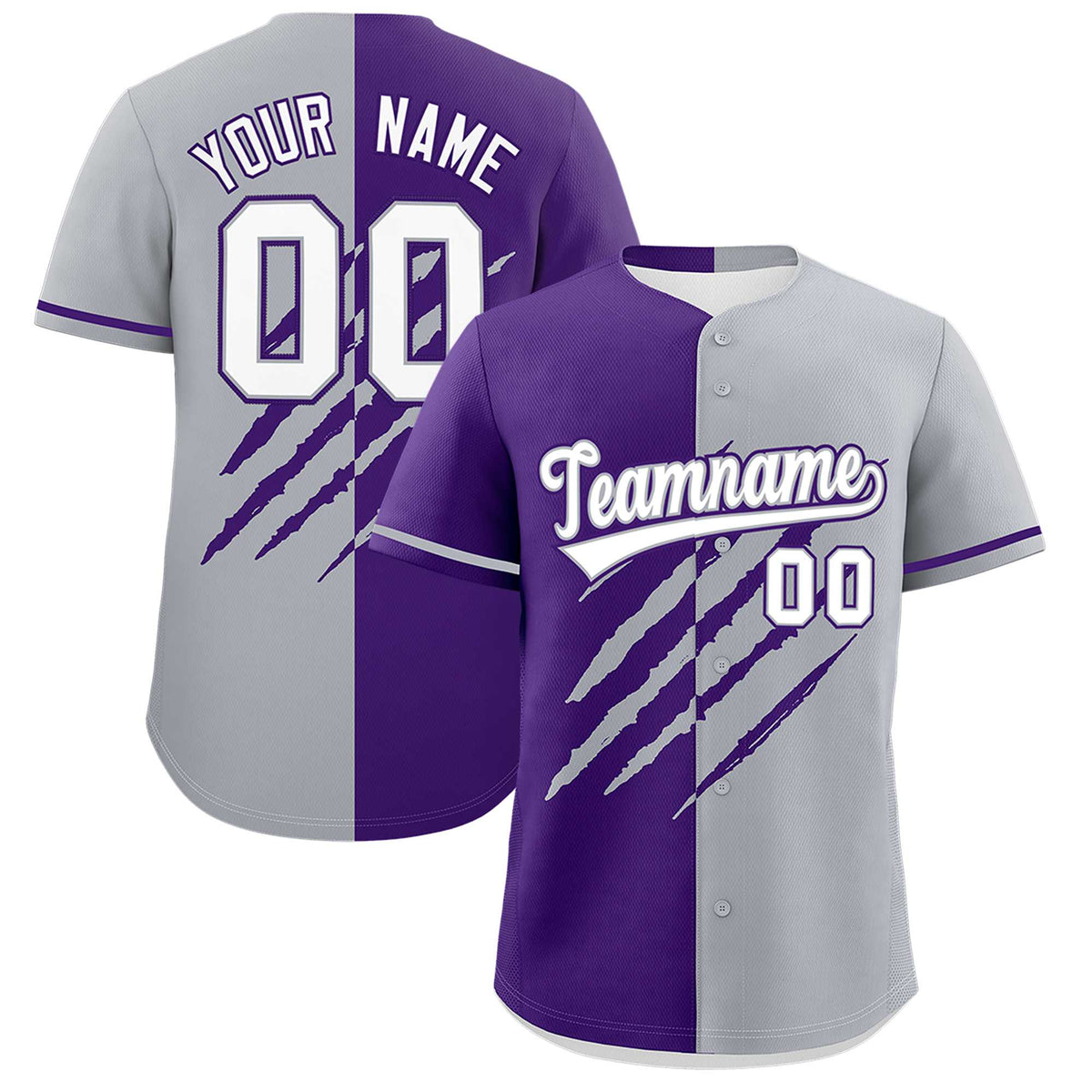 Custom Purple Gray Split Tiger Claw Scratch Pattern Baseball Jersey