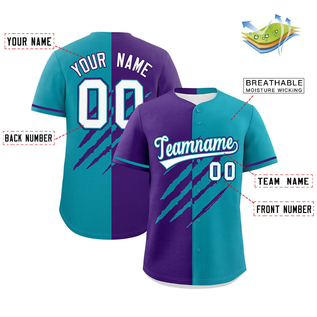 Custom Purple Teal Split Tiger Claw Scratch Pattern Baseball Jersey