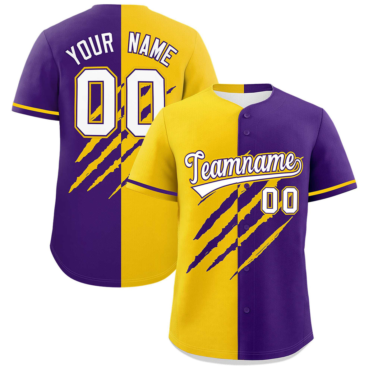 Custom Gold Purple Split Tiger Claw Scratch Pattern Baseball Jersey