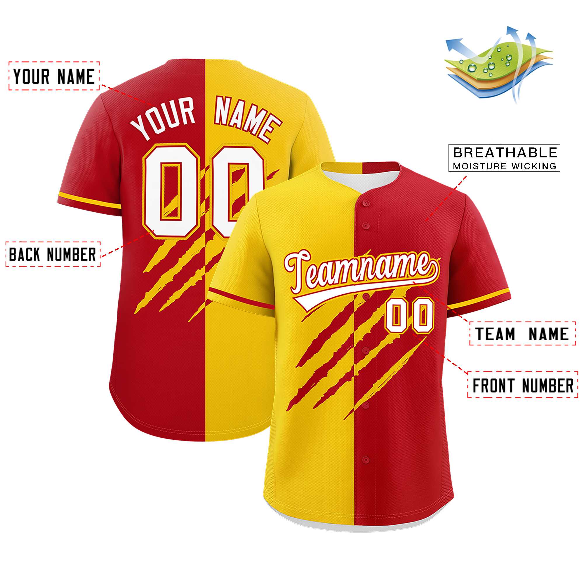 Custom Gold Red Split Tiger Claw Scratch Pattern Baseball Jersey