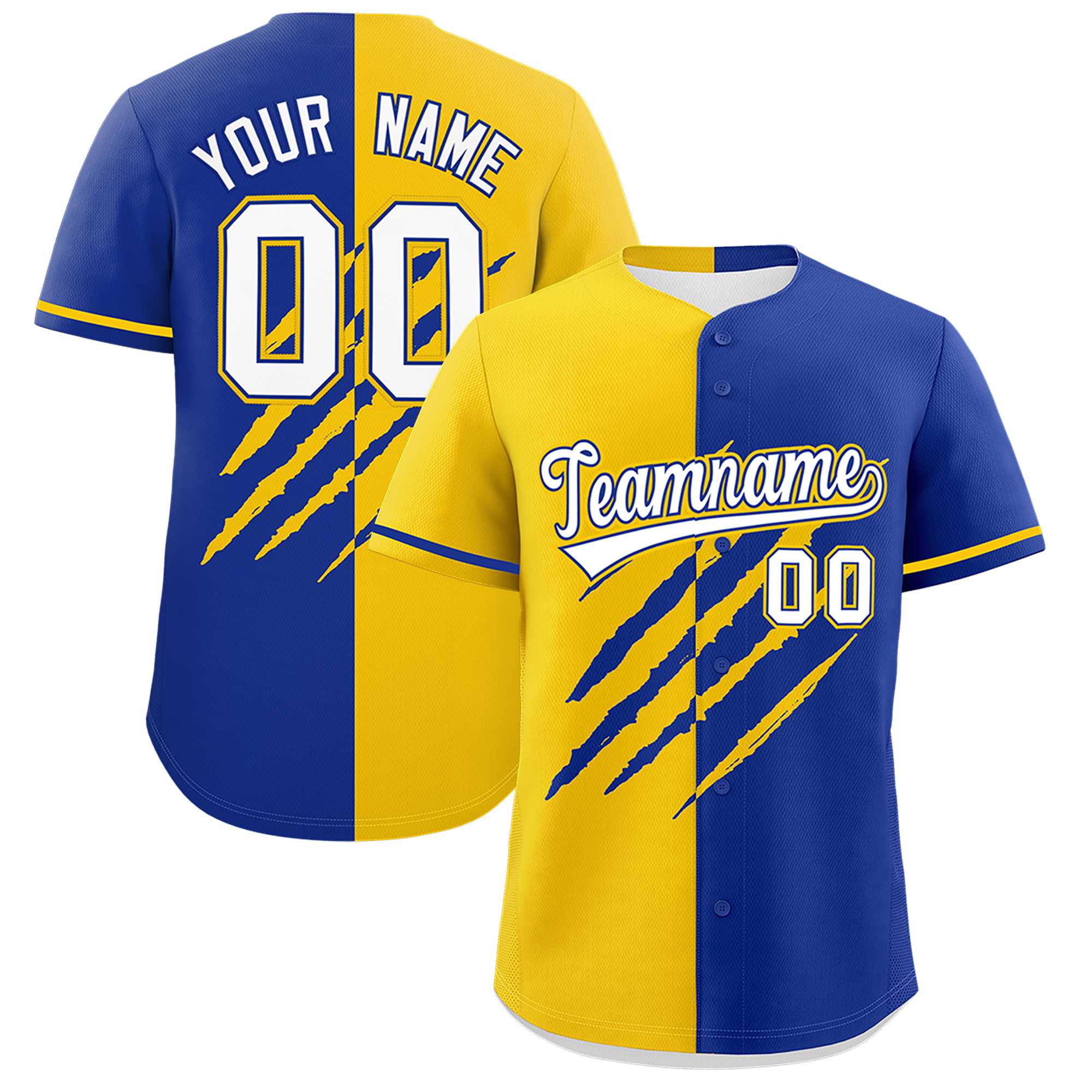 Custom Gold Royal Blue Split Tiger Claw Scratch Pattern Baseball Jersey