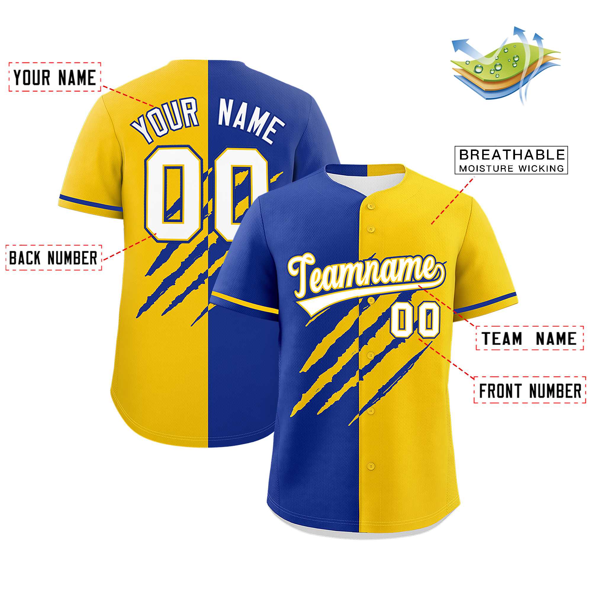 Custom Royal Blue Gold Split Tiger Claw Scratch Pattern Baseball Jersey