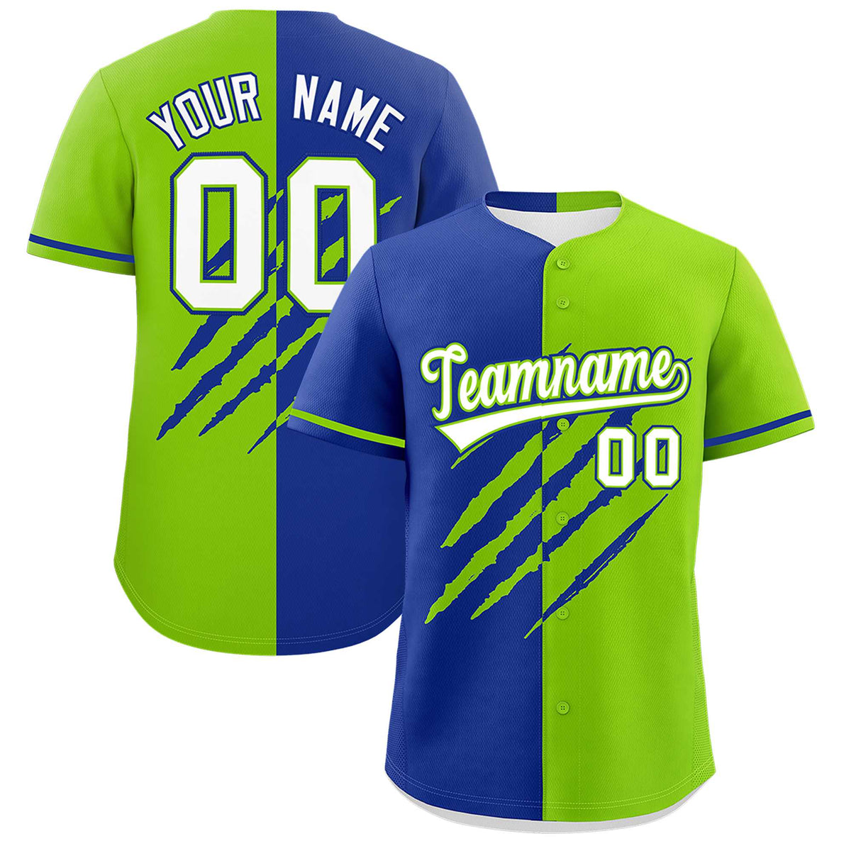 Custom Royal Blue Neon Green Split Tiger Claw Scratch Pattern Baseball Jersey